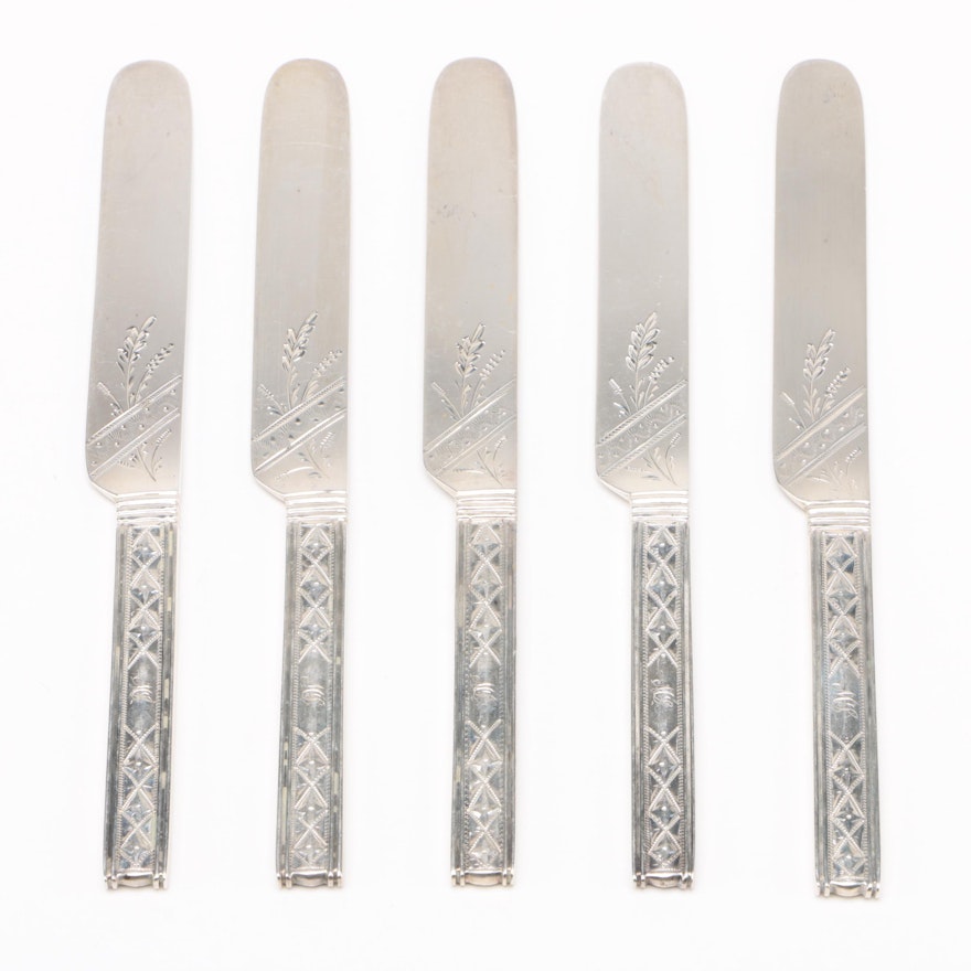 Canfield Bro & Co Engraved Coin Silver Butter Knives, 19th Century