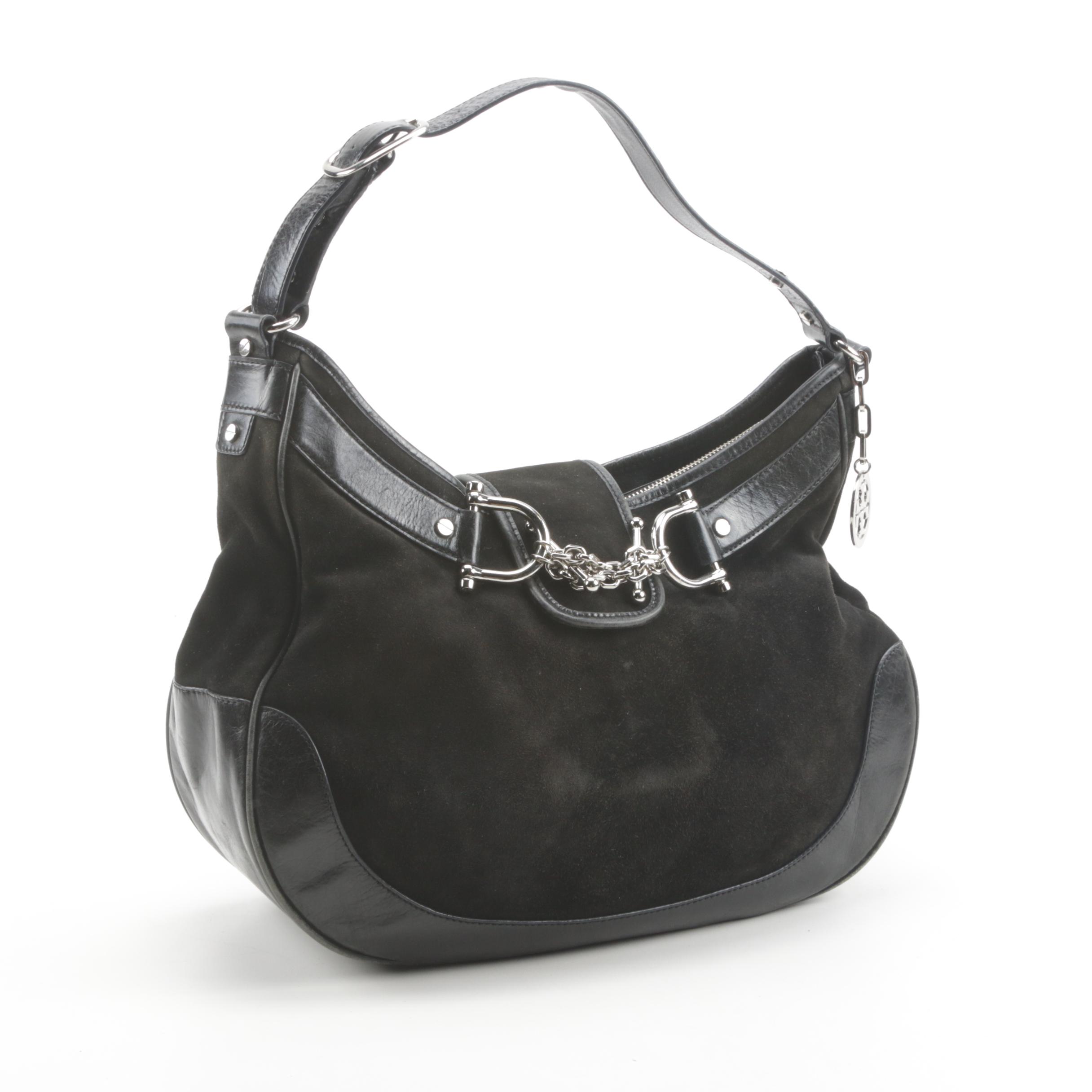 Tory Burch Black Suede and Leather Chain Link Horsebit Hobo Handbag