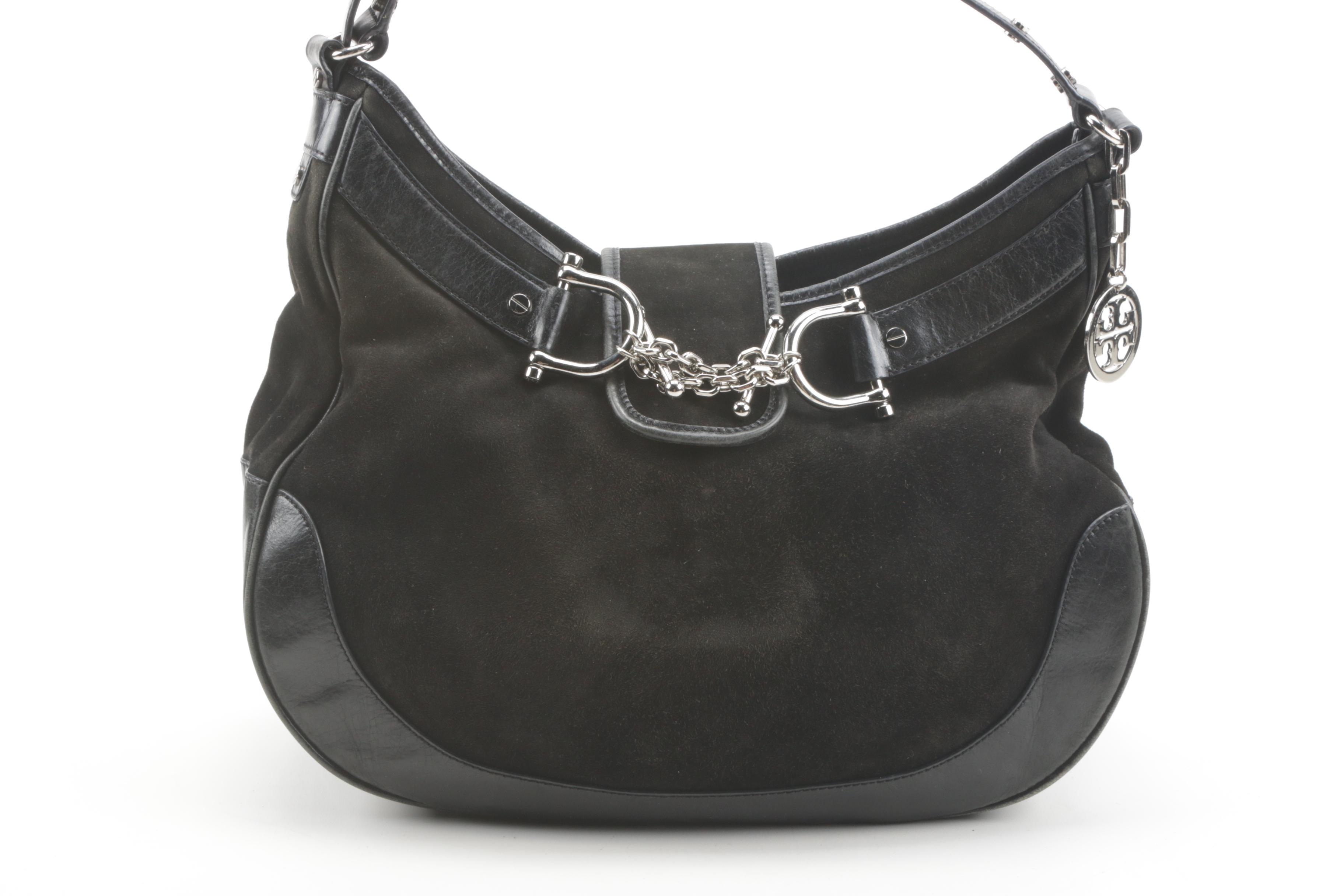 Tory Burch Black Suede and Leather Chain Link Horsebit Hobo Handbag