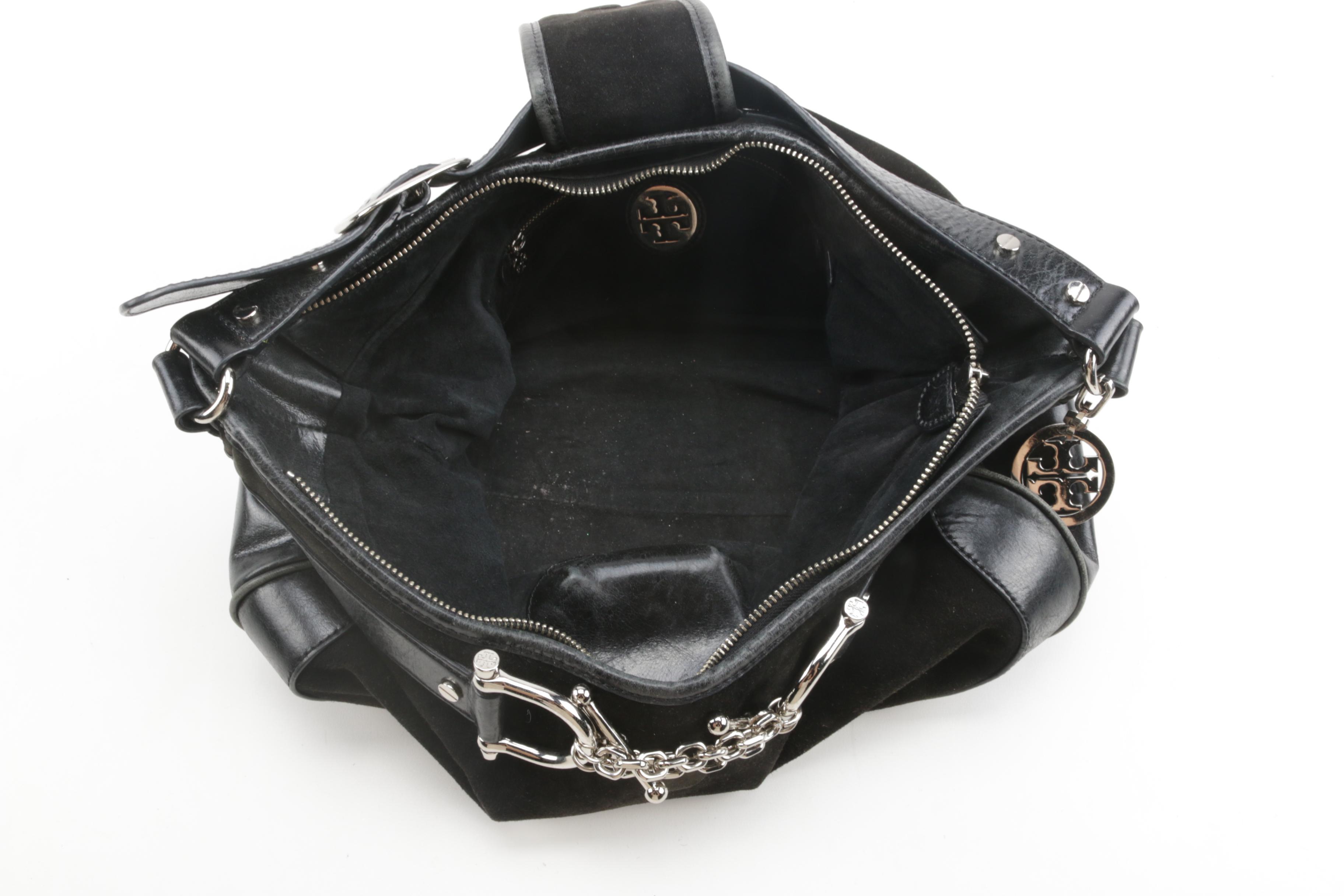 Tory Burch Black Suede and Leather Chain Link Horsebit Hobo Handbag