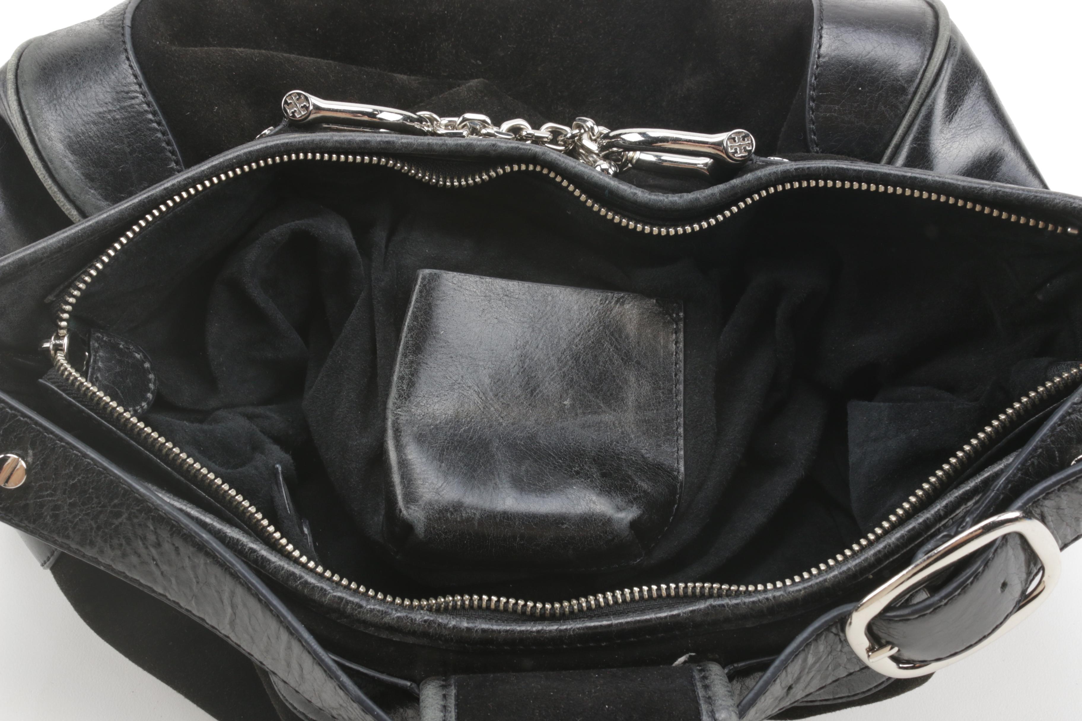 Tory Burch Black Suede and Leather Chain Link Horsebit Hobo Handbag