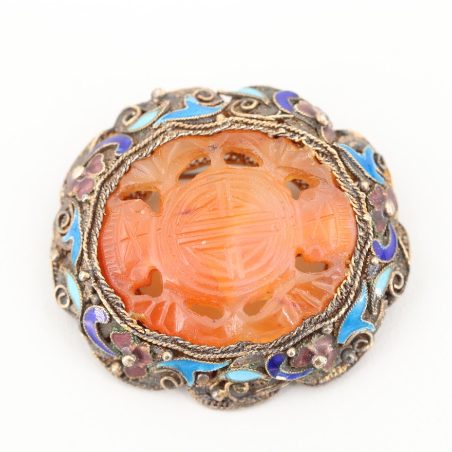 Chinese Gold Wash on Sterling Silver Carnelian and Enamel Brooch