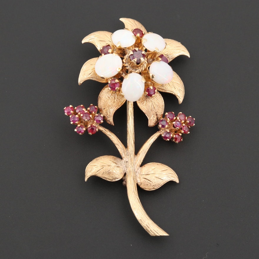 Vintage 14K Yellow Gold Opal and Ruby Flower Brooch