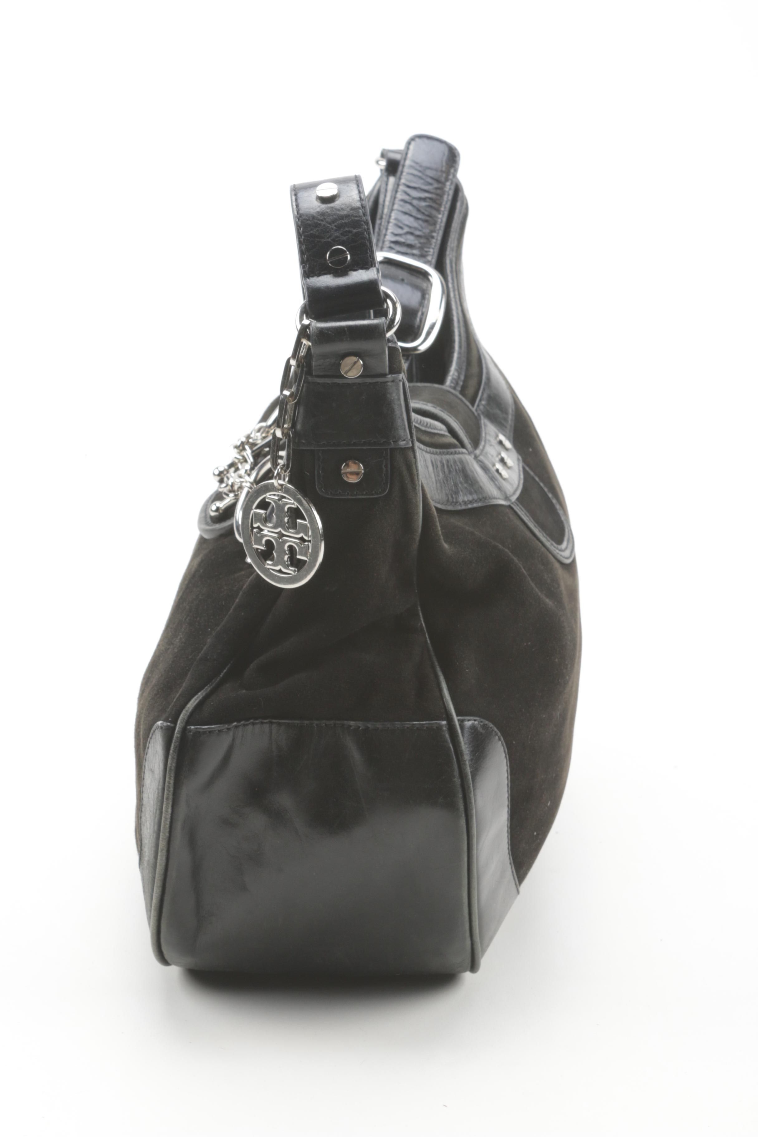 Tory Burch Black Suede and Leather Chain Link Horsebit Hobo Handbag