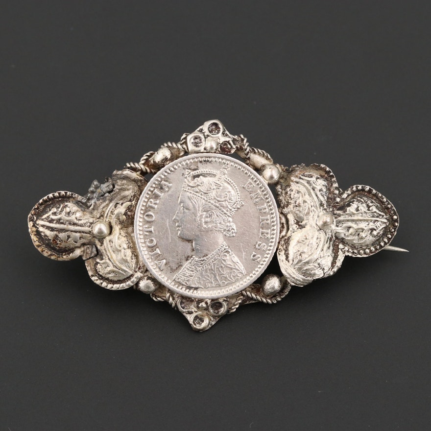 Vintage Brooch with 1893 India 1/4 Rupee Coin
