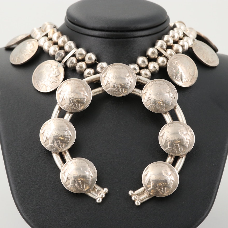 Mary Dayea Navajo Diné Sterling Naja Pendant Necklace with Buffalo Nickels