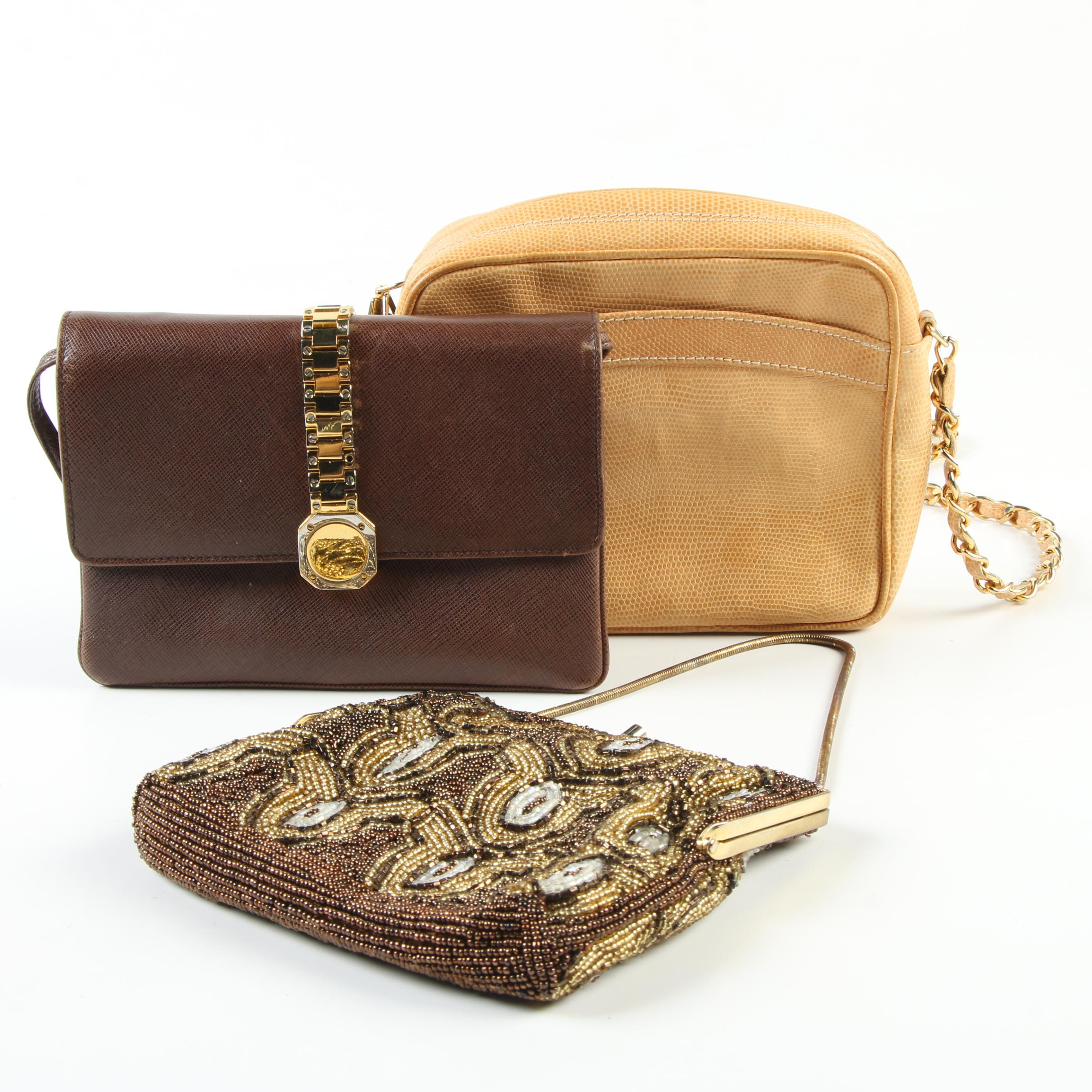 Bruno Magli Lizard Skin Crossbody with Saffiano Leather and Beaded Evening Bag