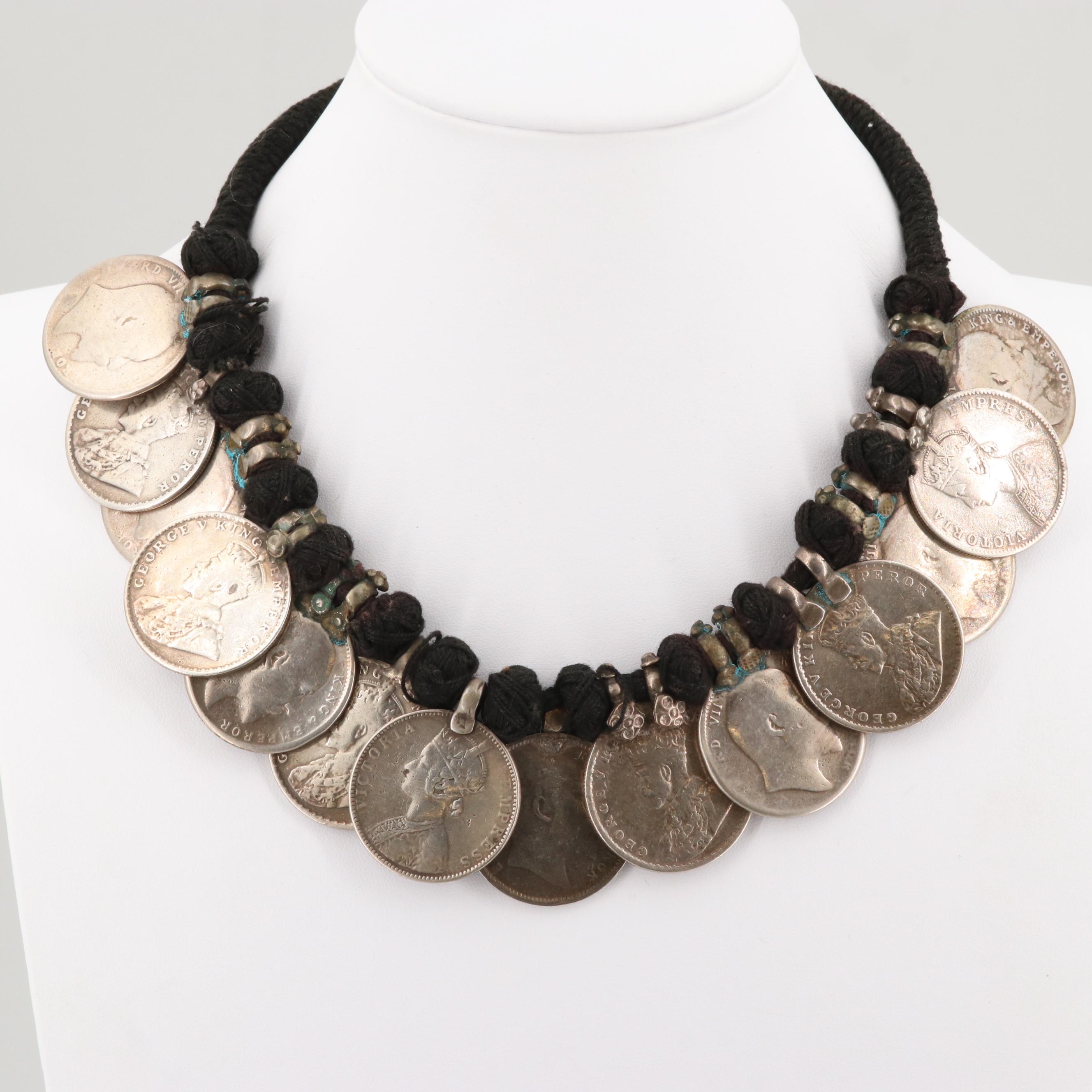 Indian Rupee Silver Coin Necklace Including Edward VII, George V and Victoria