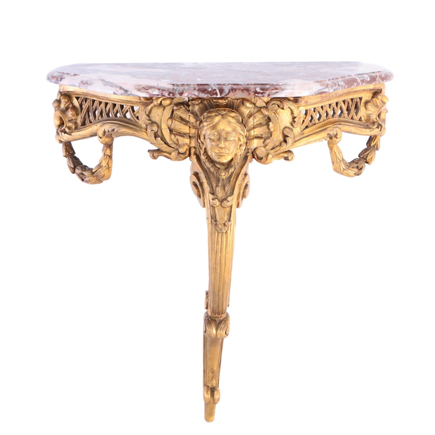 Régence Style Giltwood and Composition Wall Console with Variegated Marble Top