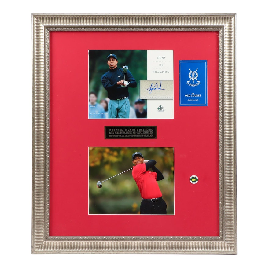 PGA Golfer Tiger Woods Signed Upper Deck Card Framed Display, Contemporary