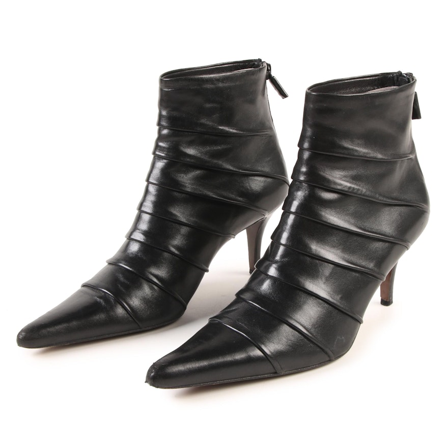 Walter Steiger Pointed Toe Ankle Boots in Black Pleated Nappa Leather