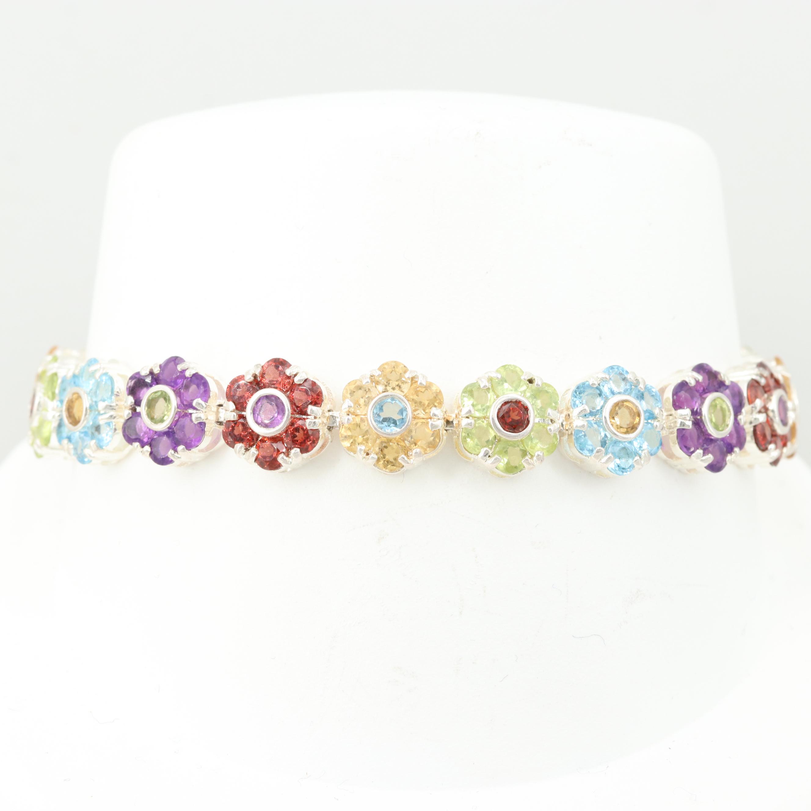 Sterling Silver Multi-Gemstone Flower Bracelet