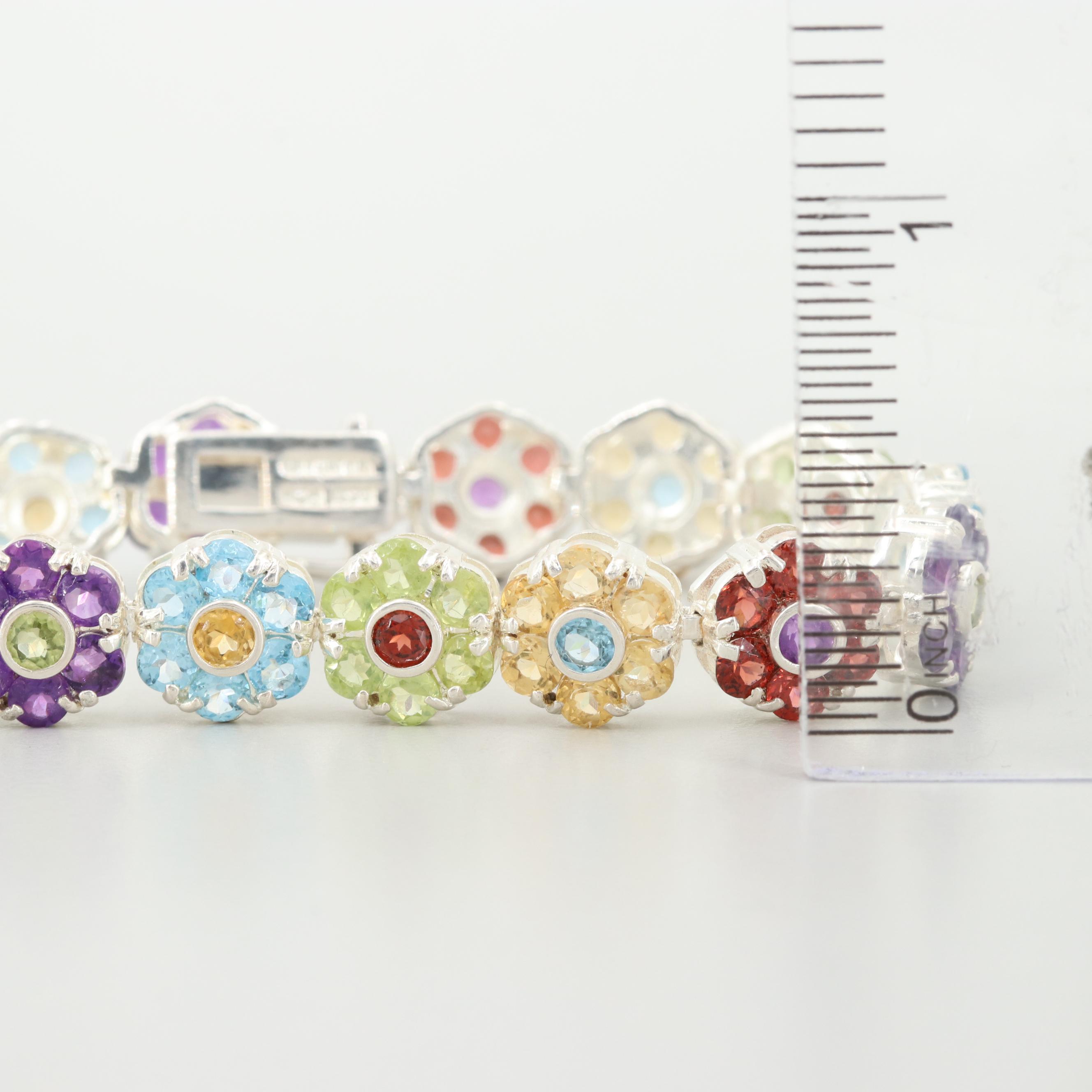 Sterling Silver Multi-Gemstone Flower Bracelet