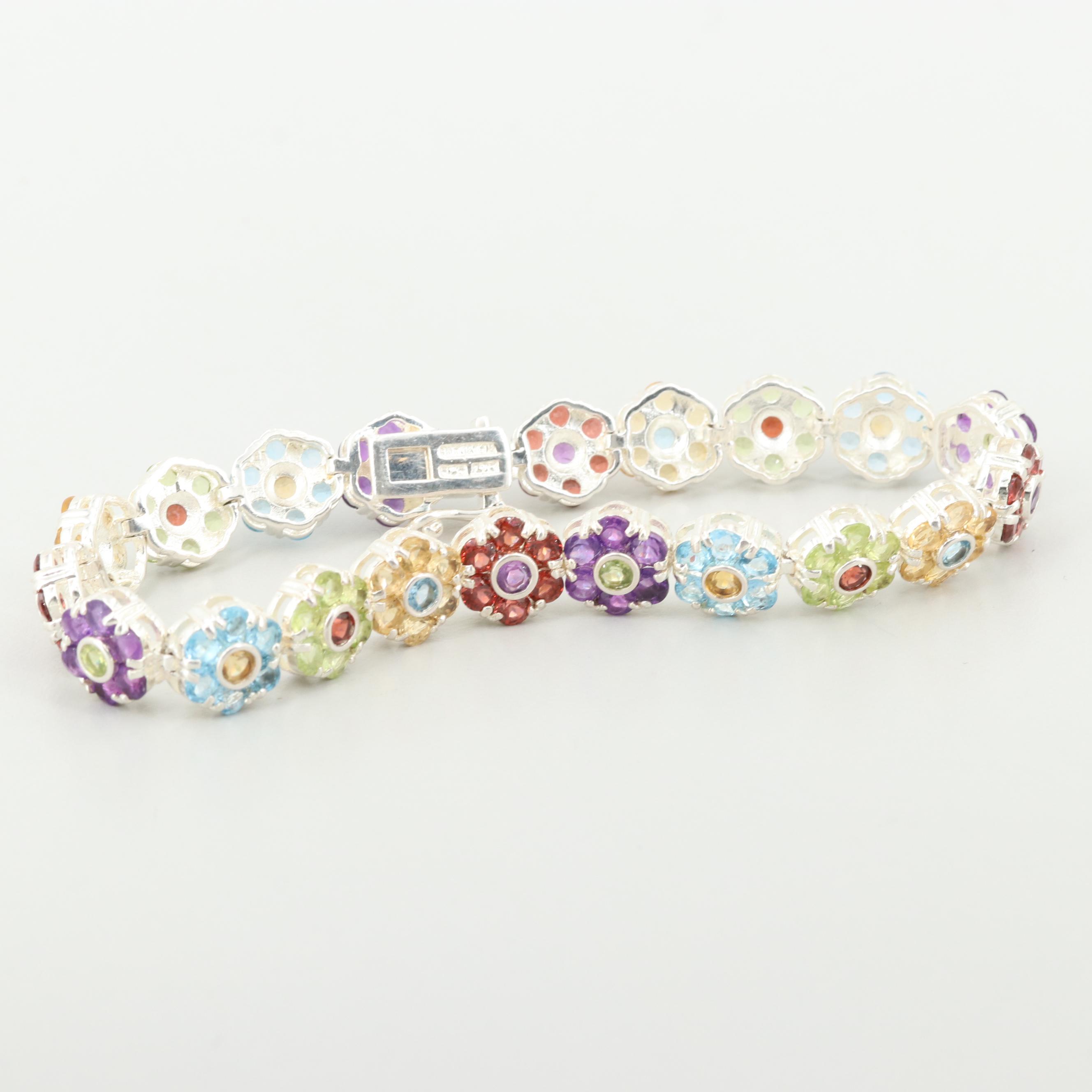 Sterling Silver Multi-Gemstone Flower Bracelet
