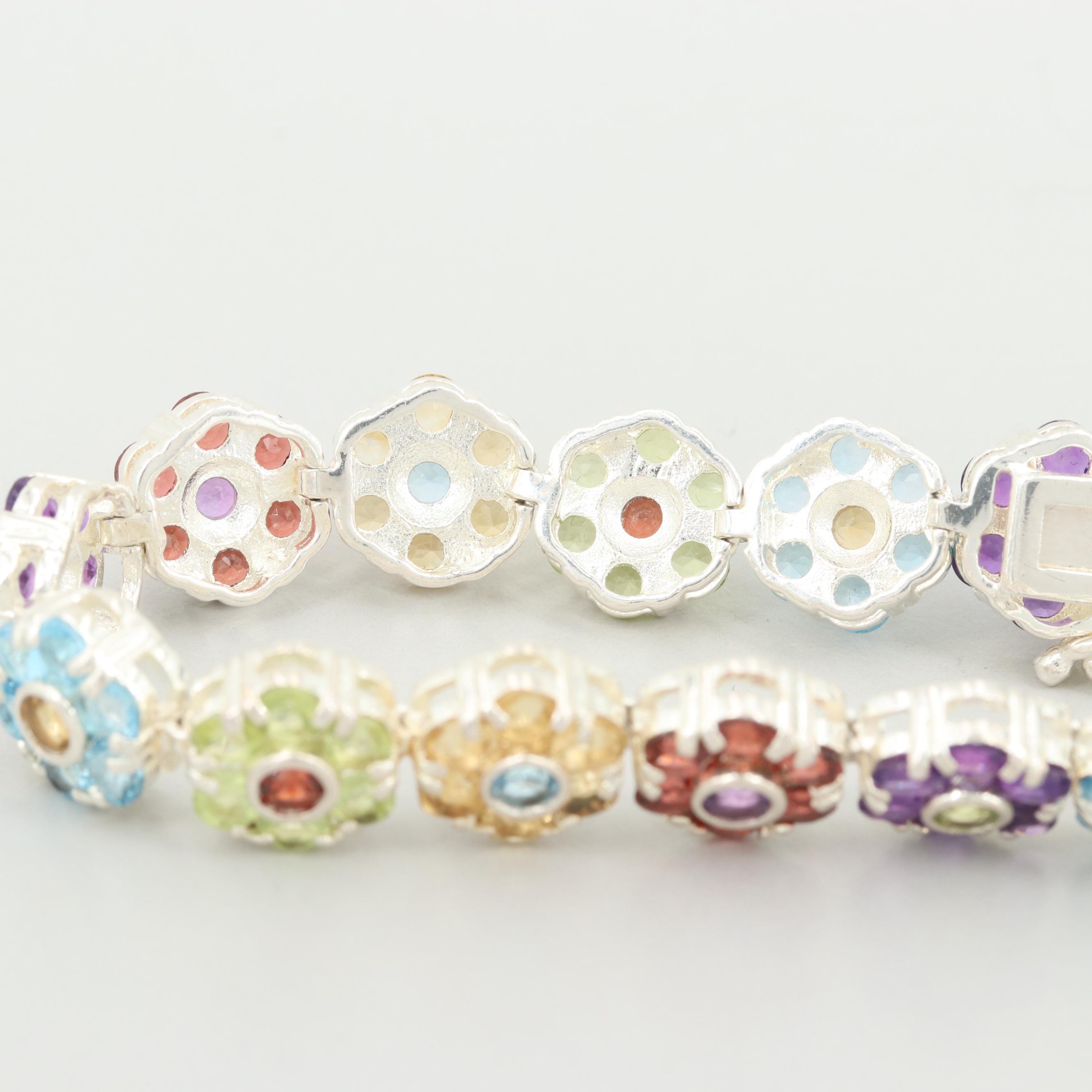 Sterling Silver Multi-Gemstone Flower Bracelet