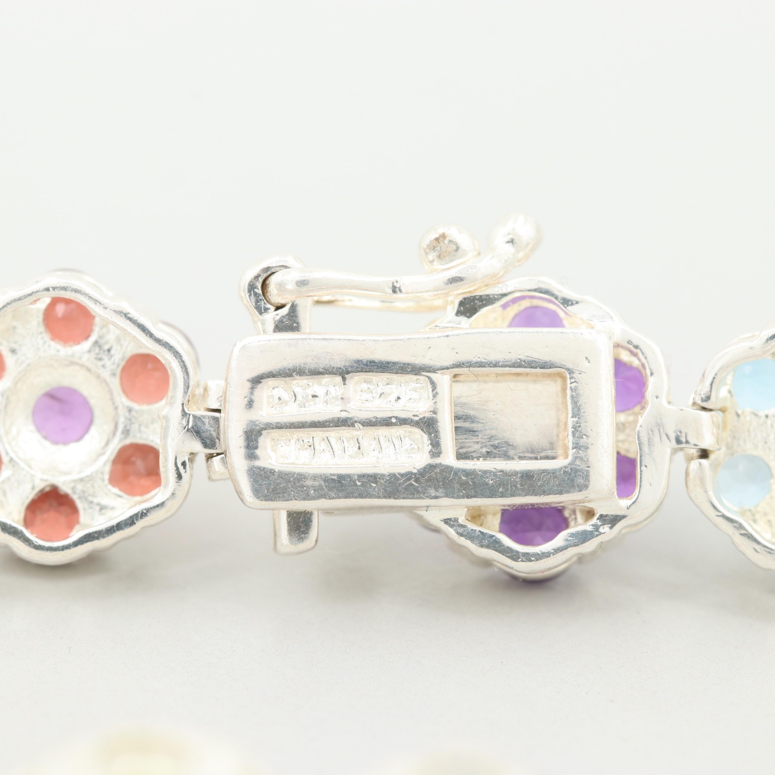 Sterling Silver Multi-Gemstone Flower Bracelet