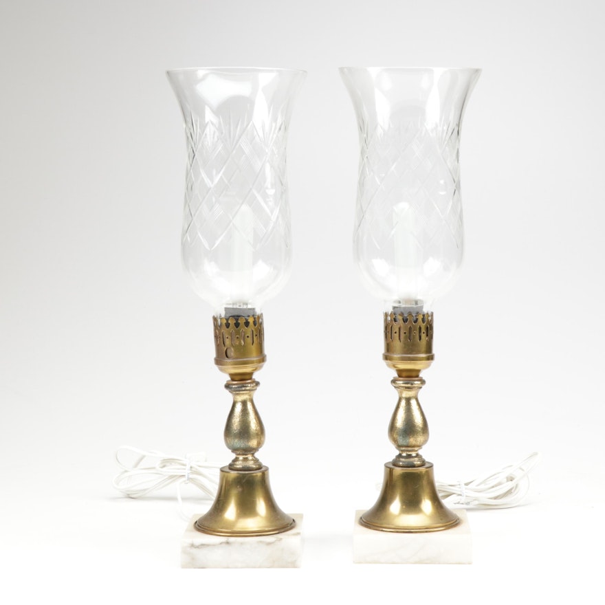 Cut Glass Hurricane Lamps with Marble Bases