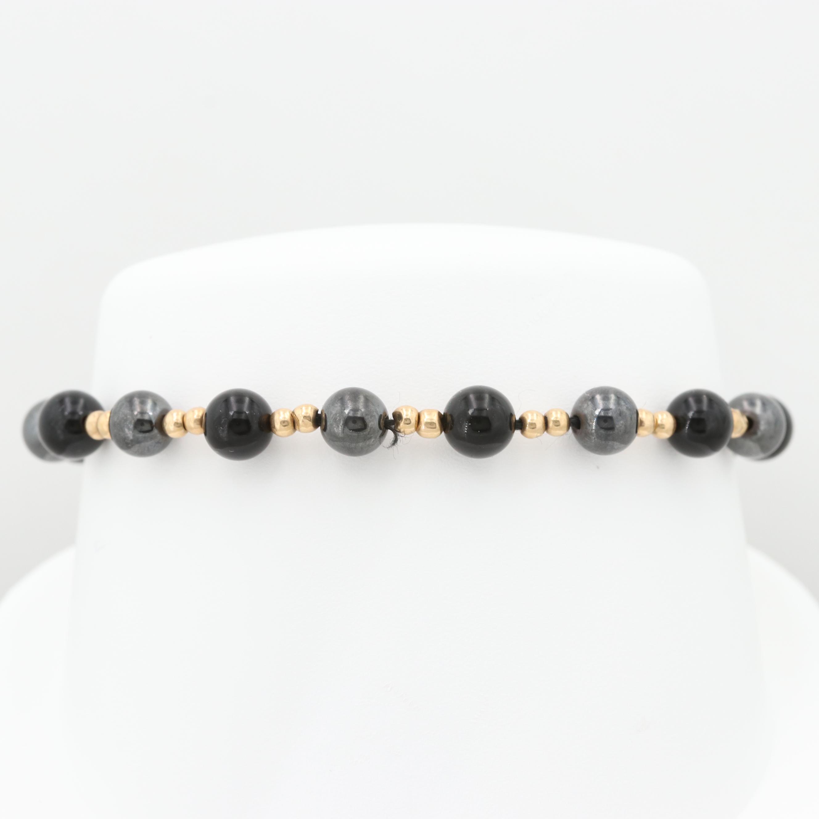14K Yellow Gold Black Onyx and Synthetic Hematite Beaded Bracelet