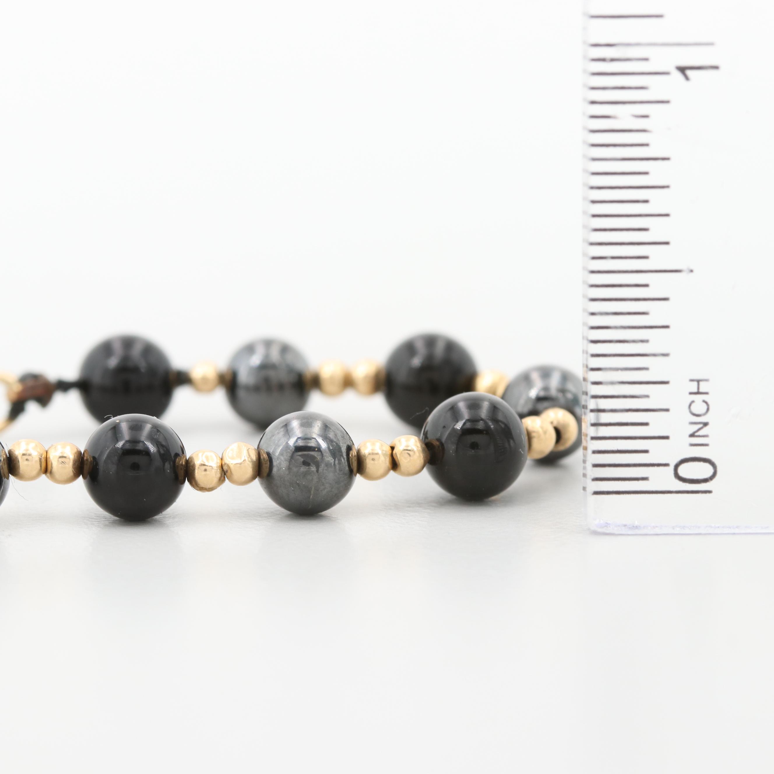 14K Yellow Gold Black Onyx and Synthetic Hematite Beaded Bracelet