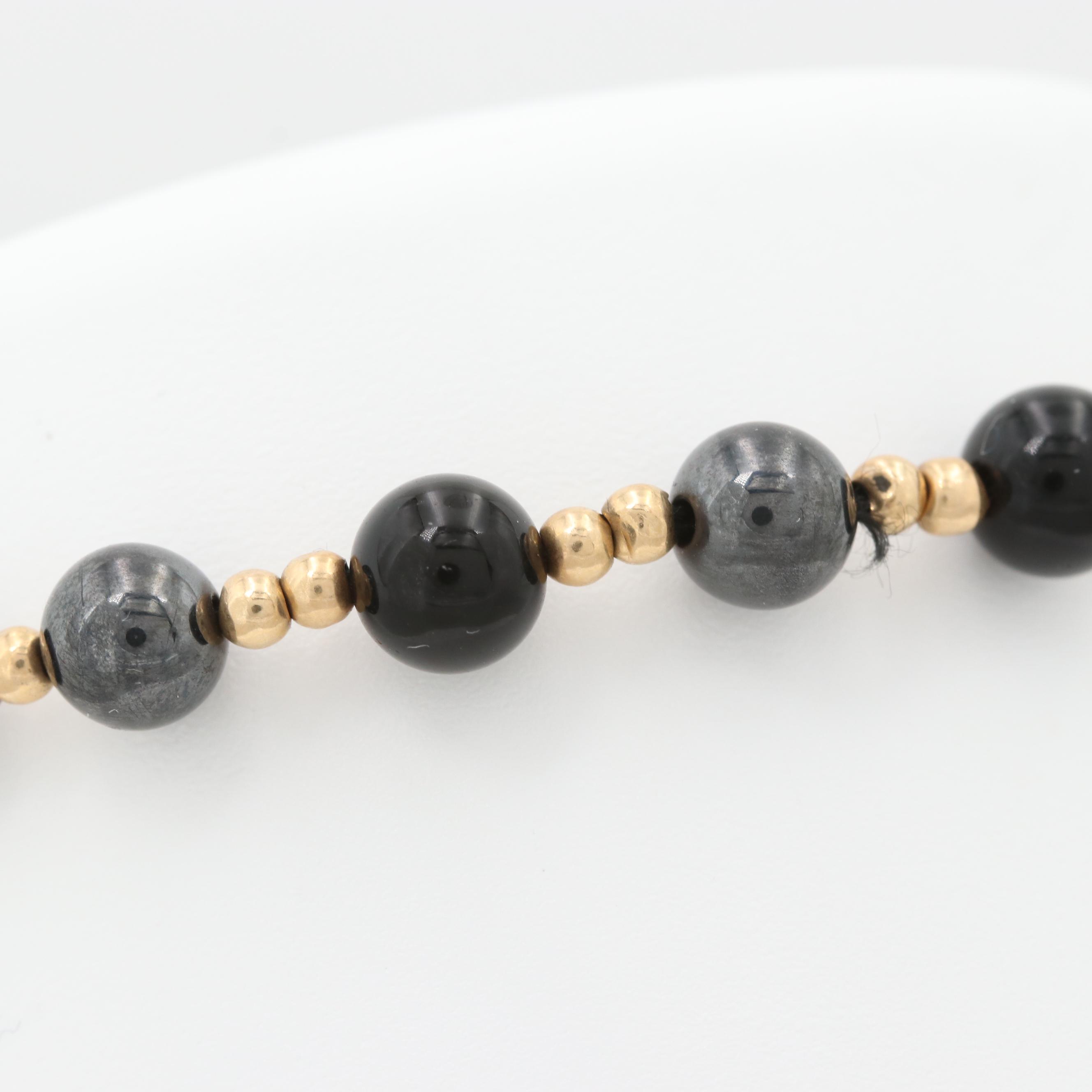 14K Yellow Gold Black Onyx and Synthetic Hematite Beaded Bracelet