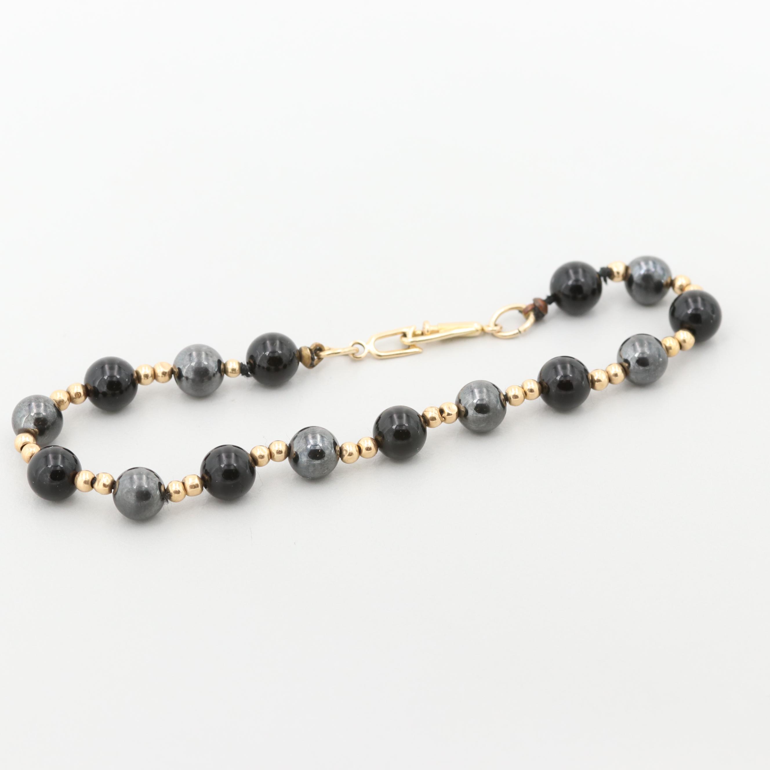 14K Yellow Gold Black Onyx and Synthetic Hematite Beaded Bracelet