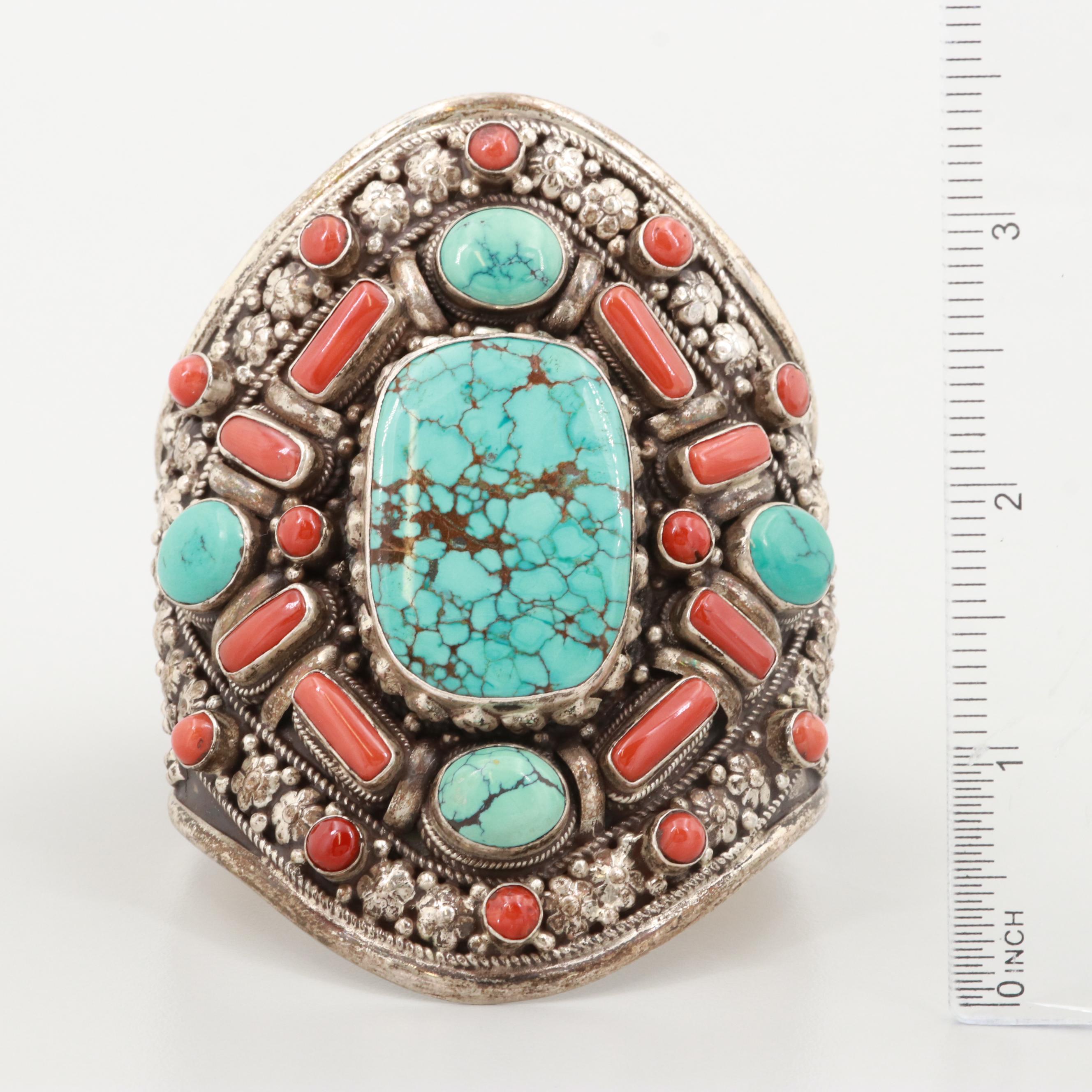 Tibetan Sterling Silver Turquoise and Coral Cuff Bracelet