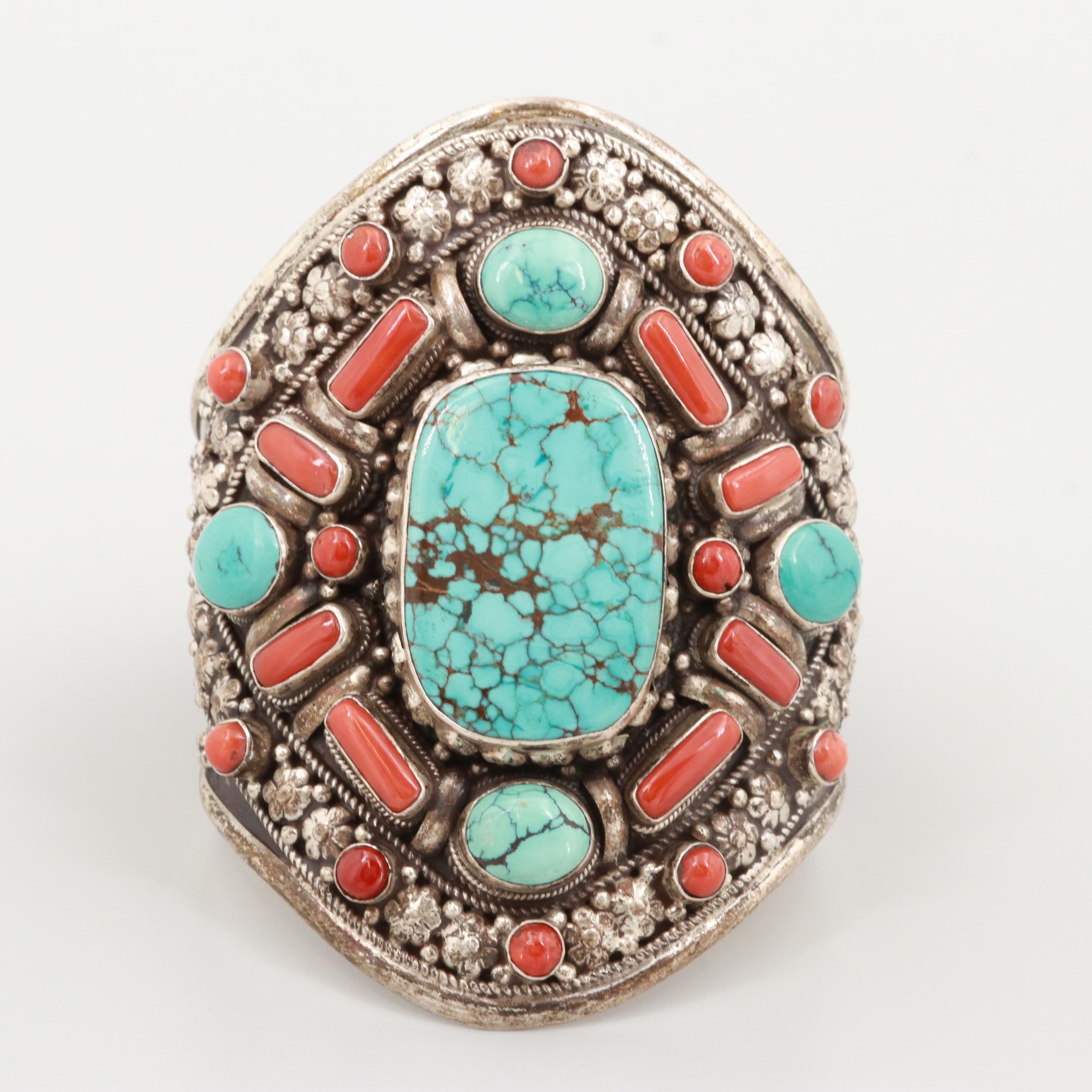 Tibetan Sterling Silver Turquoise and Coral Cuff Bracelet