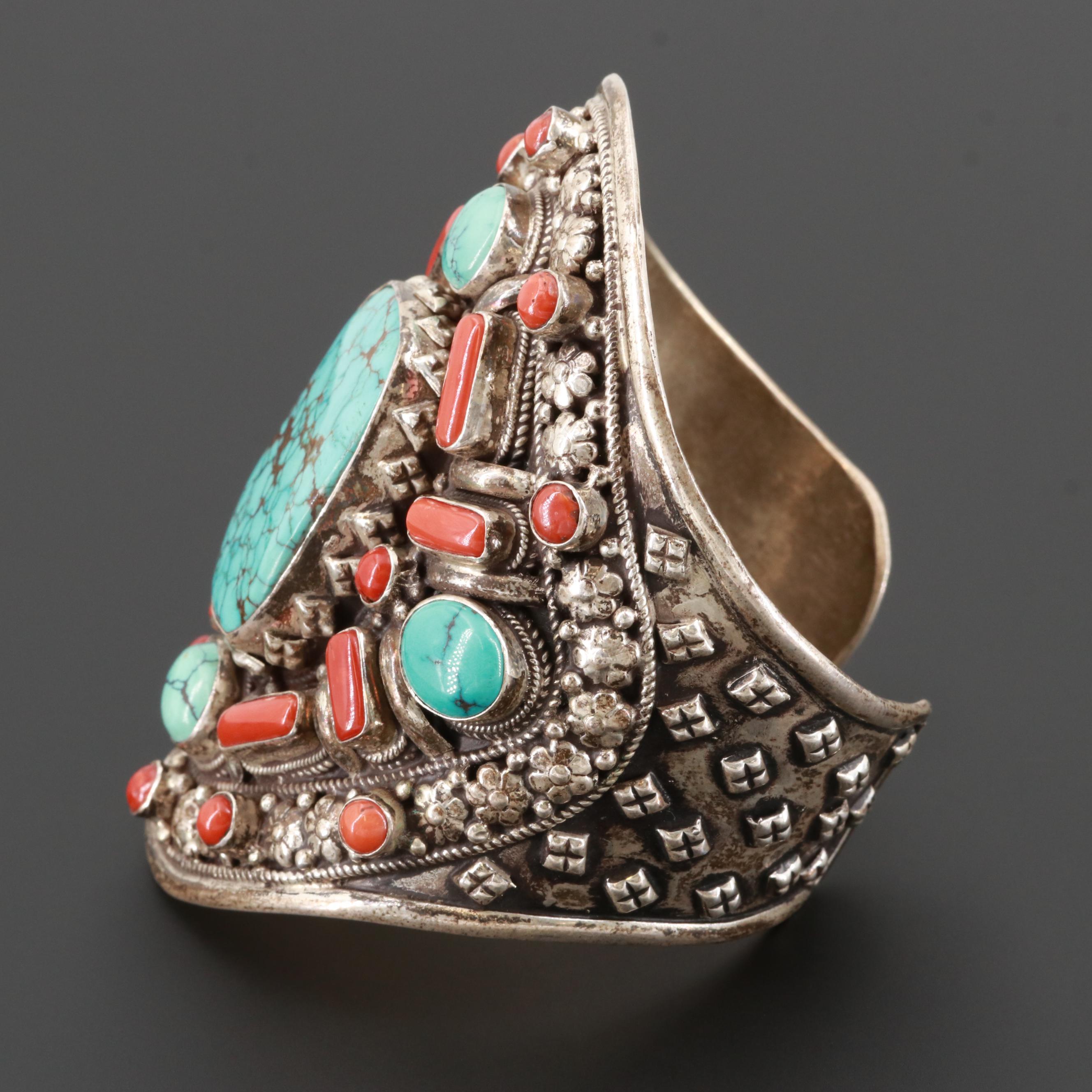 Tibetan Sterling Silver Turquoise and Coral Cuff Bracelet