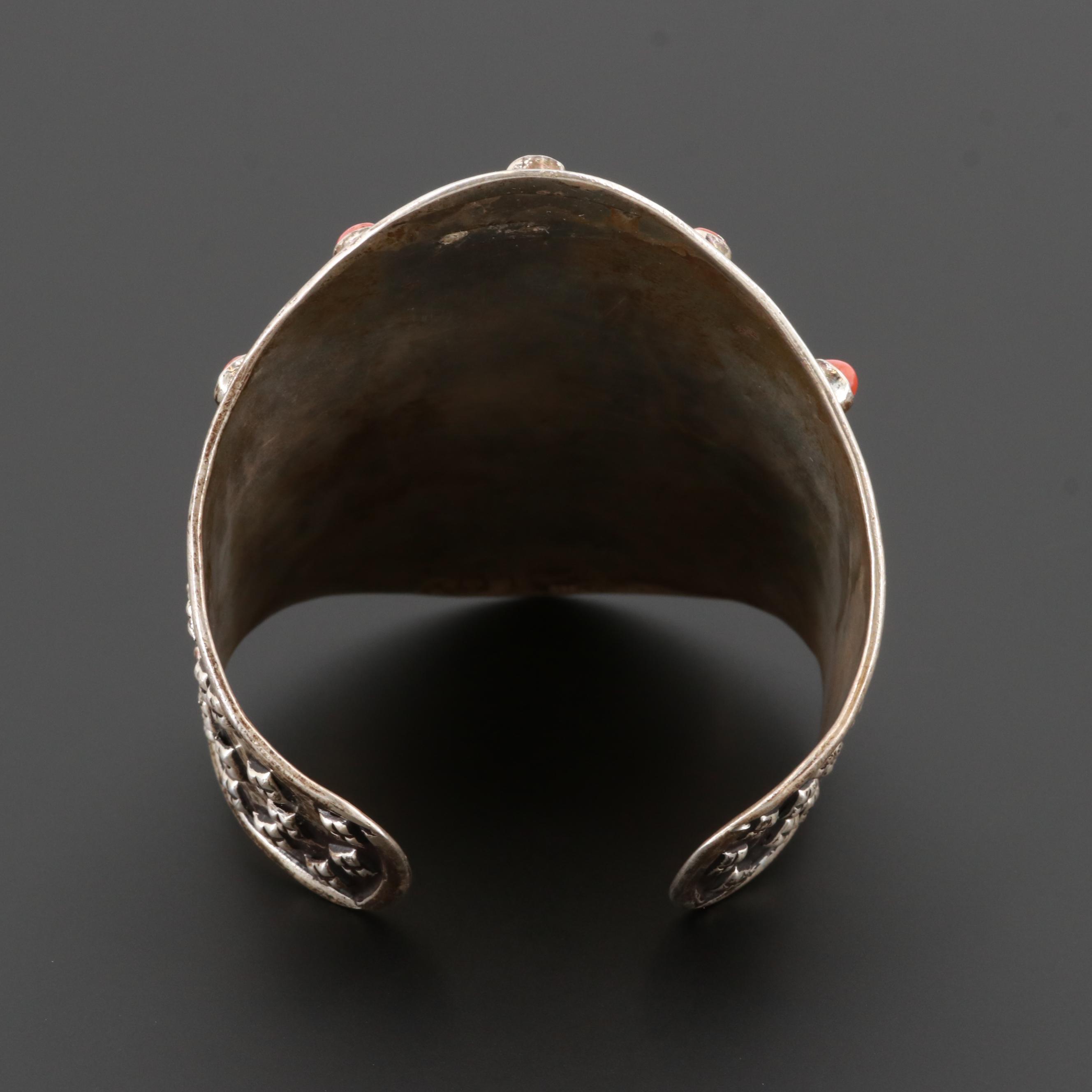 Tibetan Sterling Silver Turquoise and Coral Cuff Bracelet