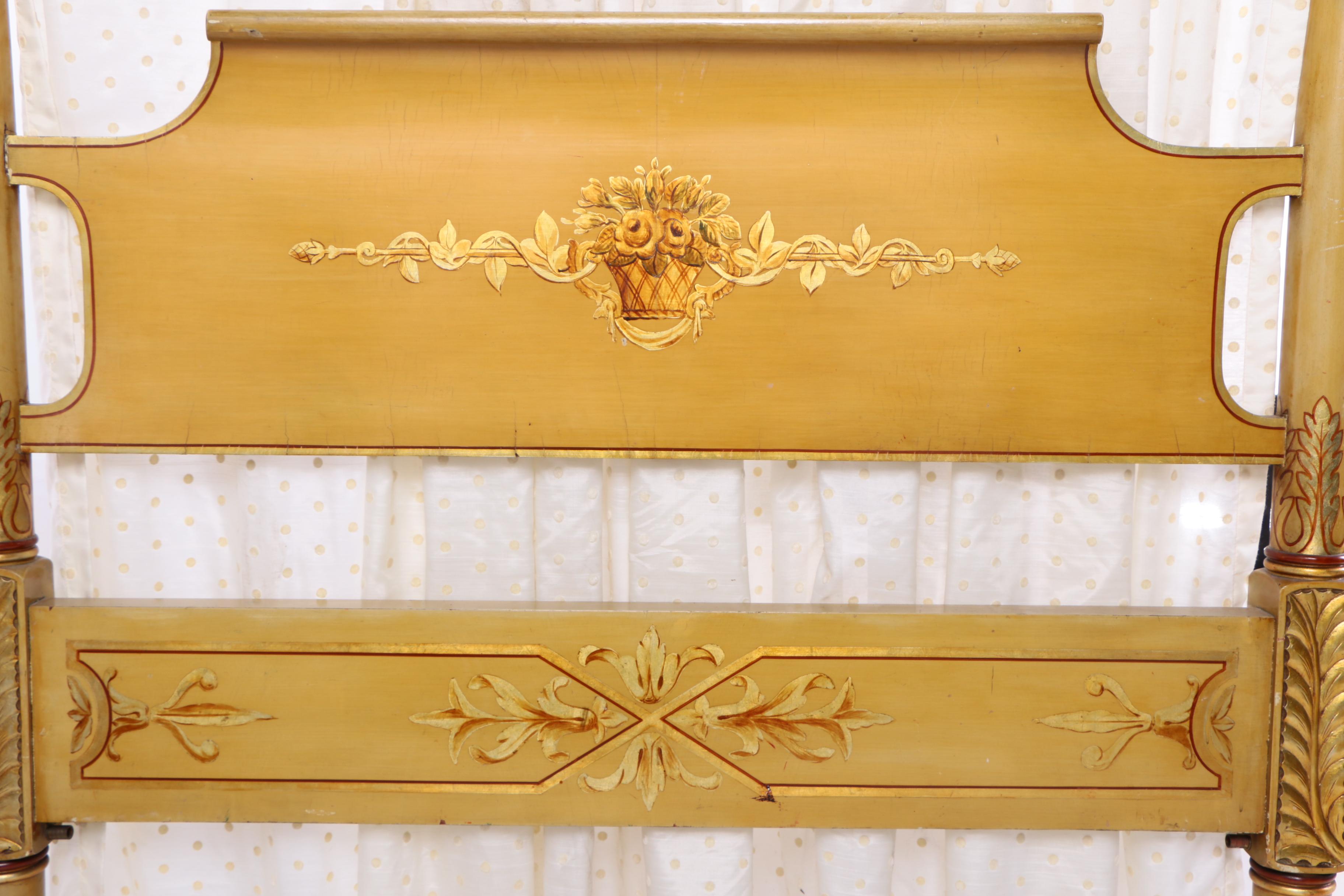 Paint-Decorated and Parcel-Gilt Four-Post Twin Size Bed Frame with Canopy
