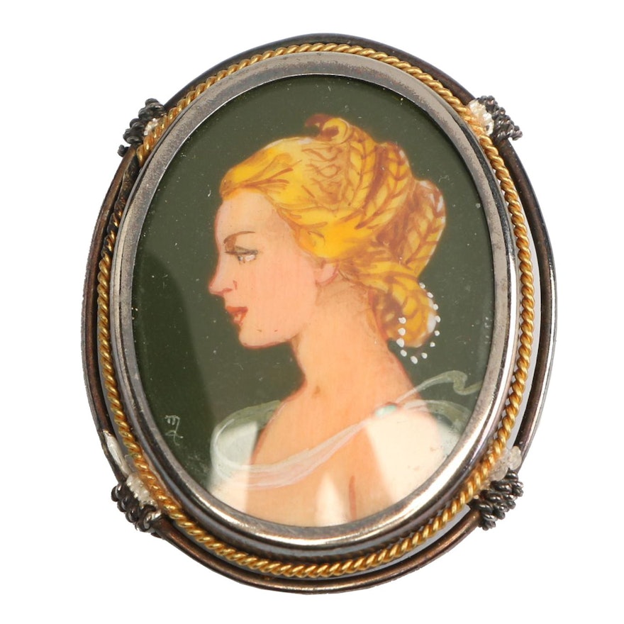 Vintage Painted Cameo Converter Brooch or Pendant