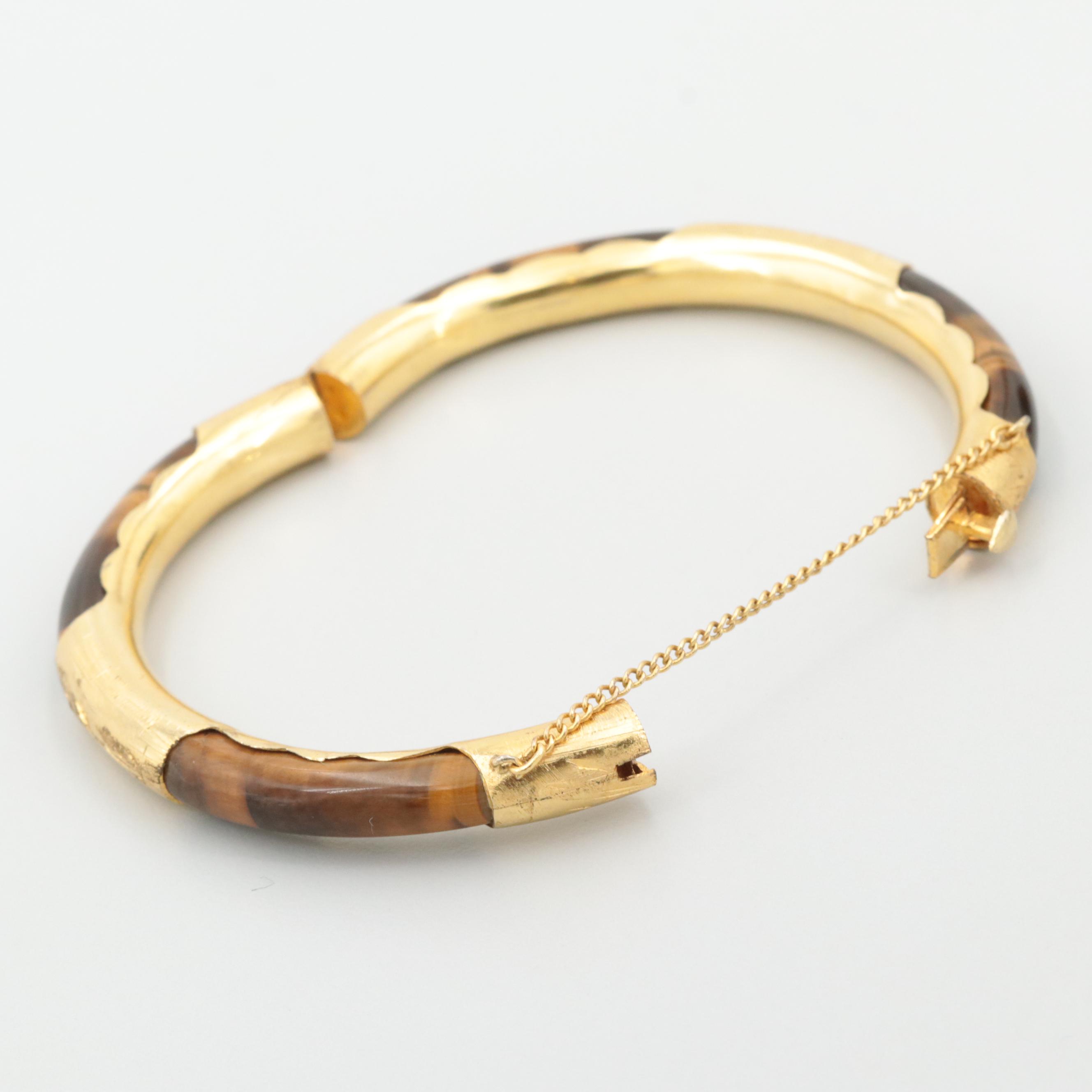 Gold Tone Tiger's Eye Hinged Bangle Bracelet