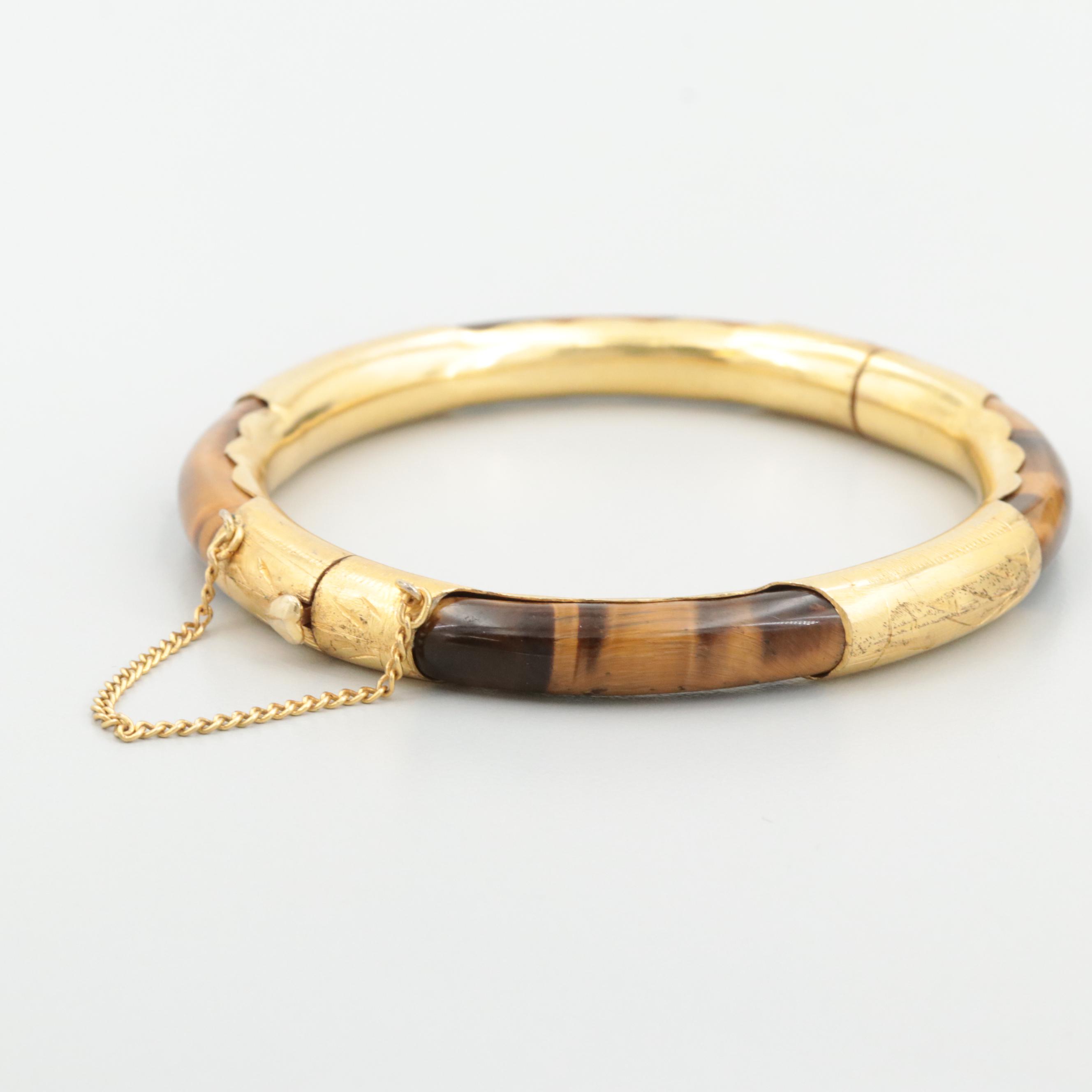 Gold Tone Tiger's Eye Hinged Bangle Bracelet