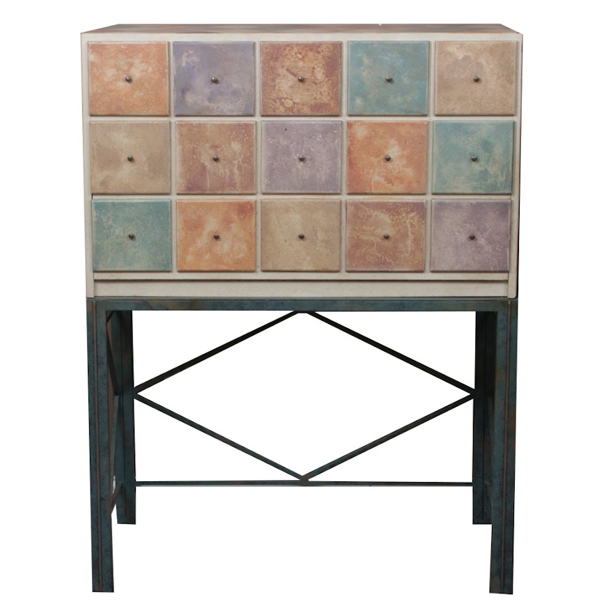 Painted Wood False-Front Cabinet on Metal Stand, Contemporary