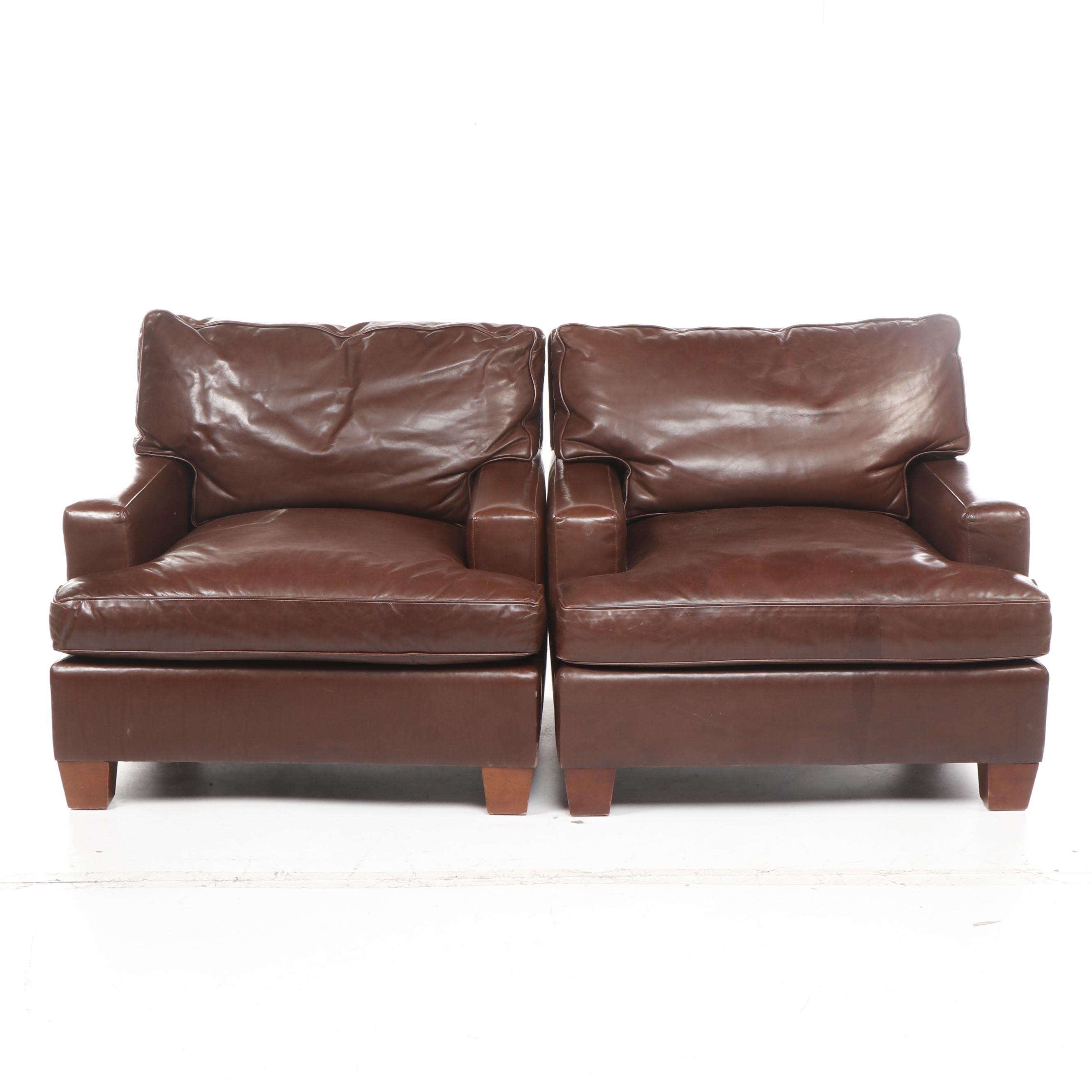 Pair of Baker Contemporary Modern Brown Leather Club Chairs