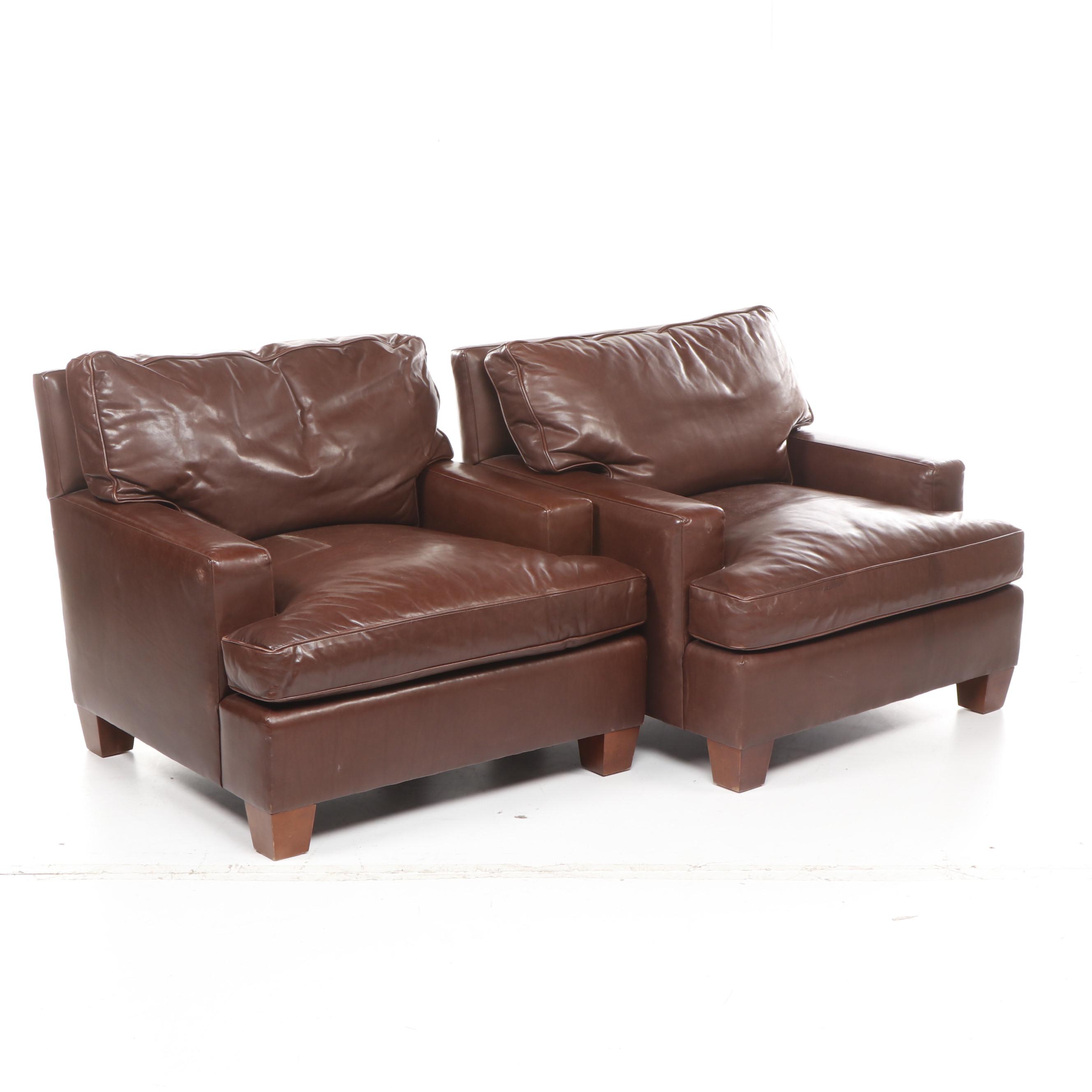Pair of Baker Contemporary Modern Brown Leather Club Chairs