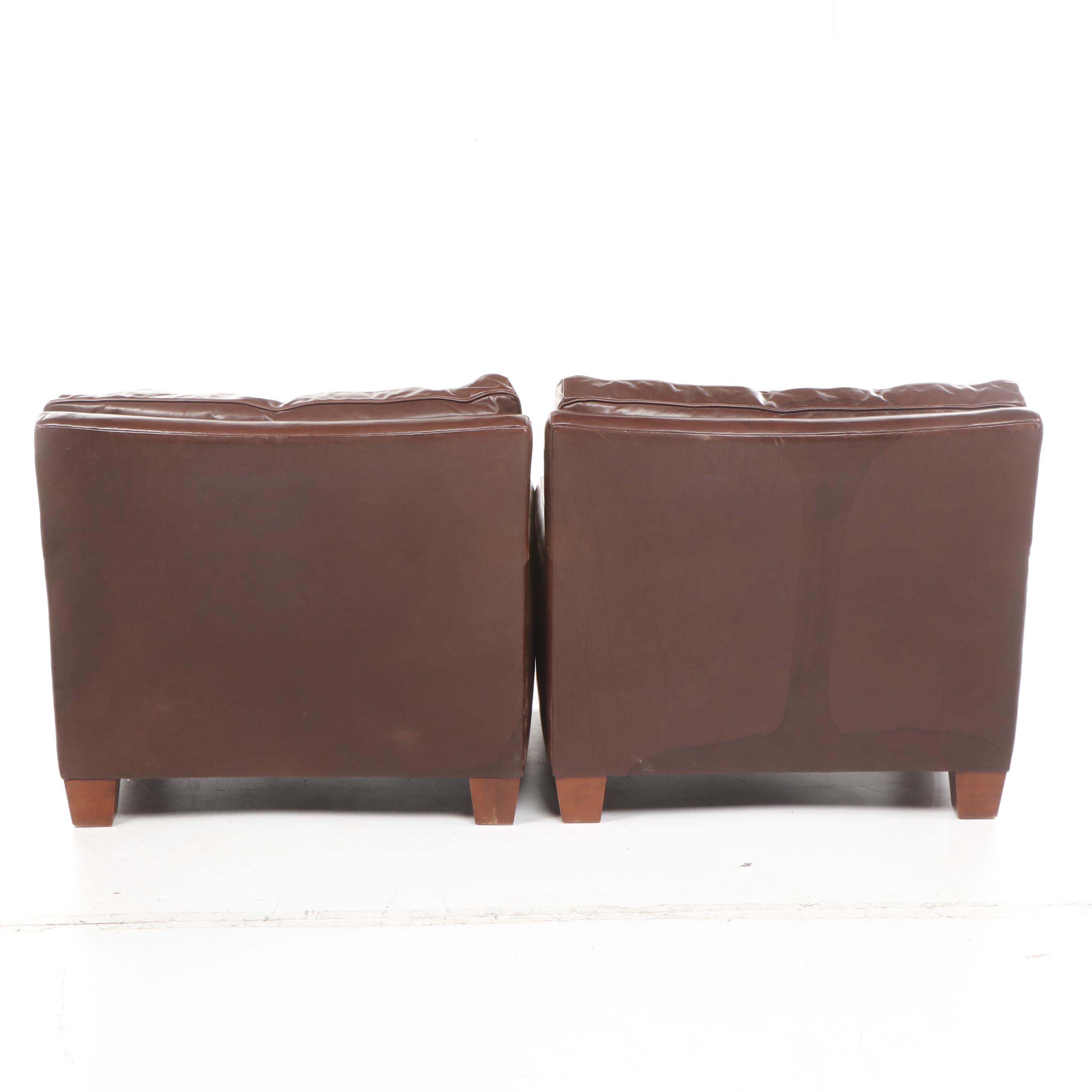Pair of Baker Contemporary Modern Brown Leather Club Chairs