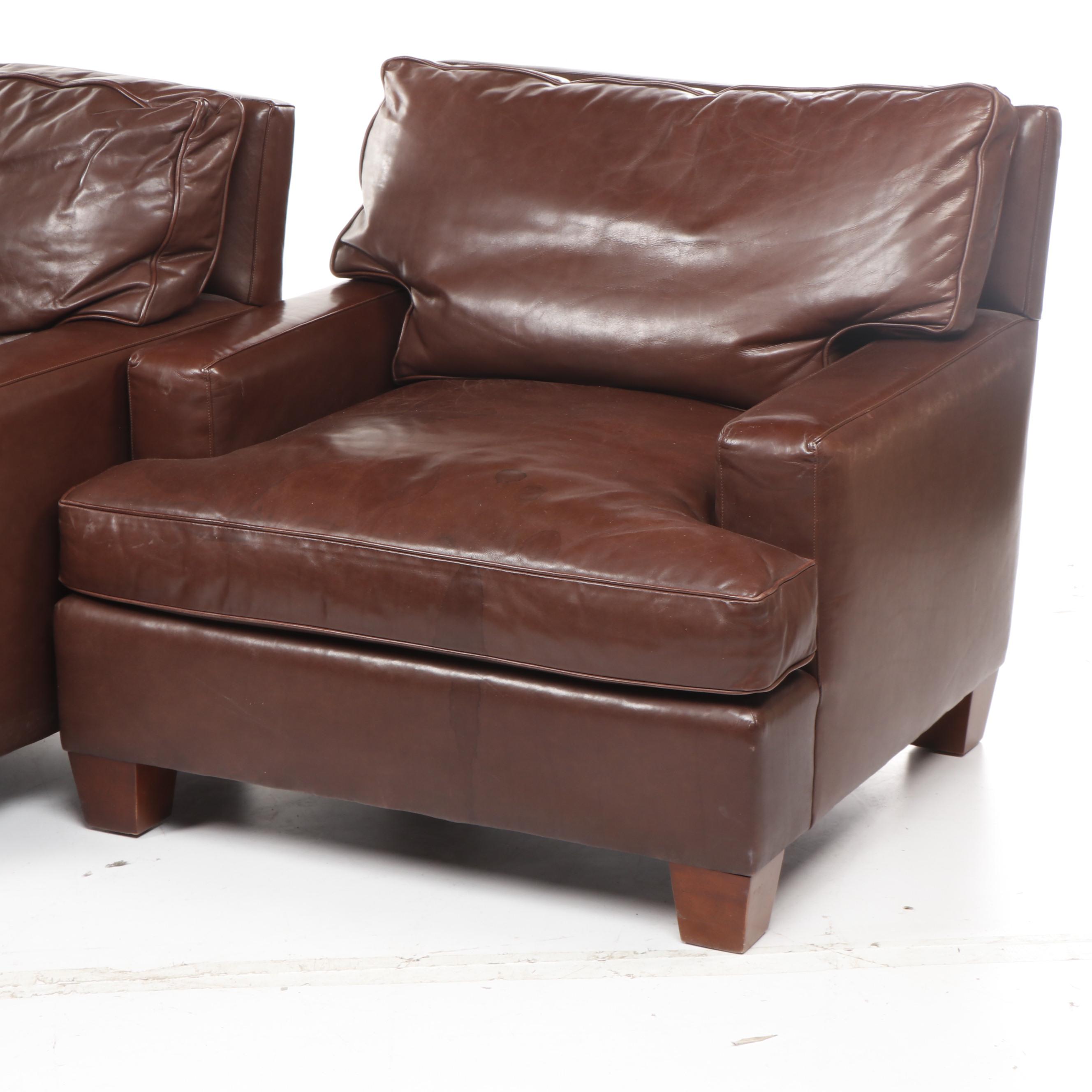 Pair of Baker Contemporary Modern Brown Leather Club Chairs
