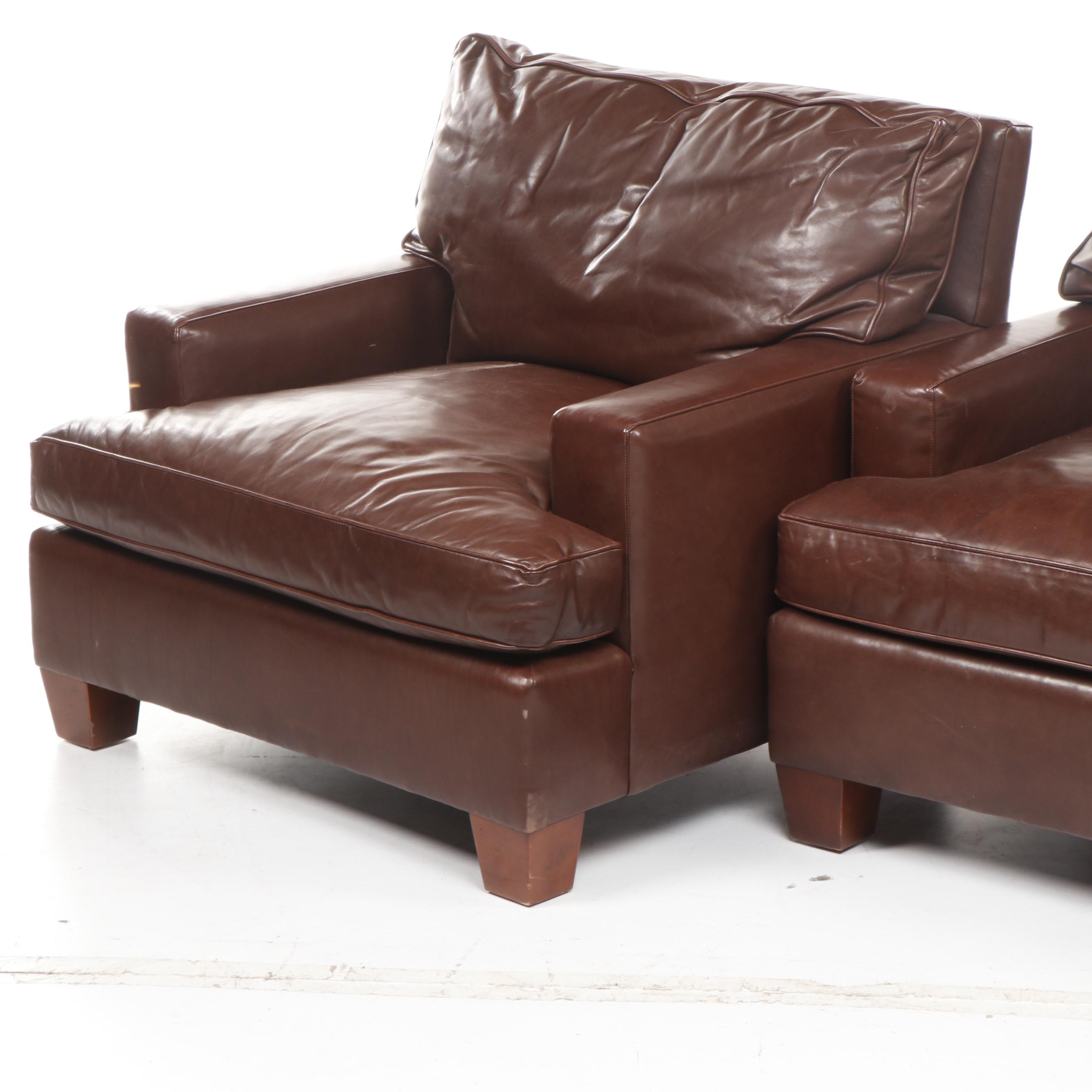 Pair of Baker Contemporary Modern Brown Leather Club Chairs