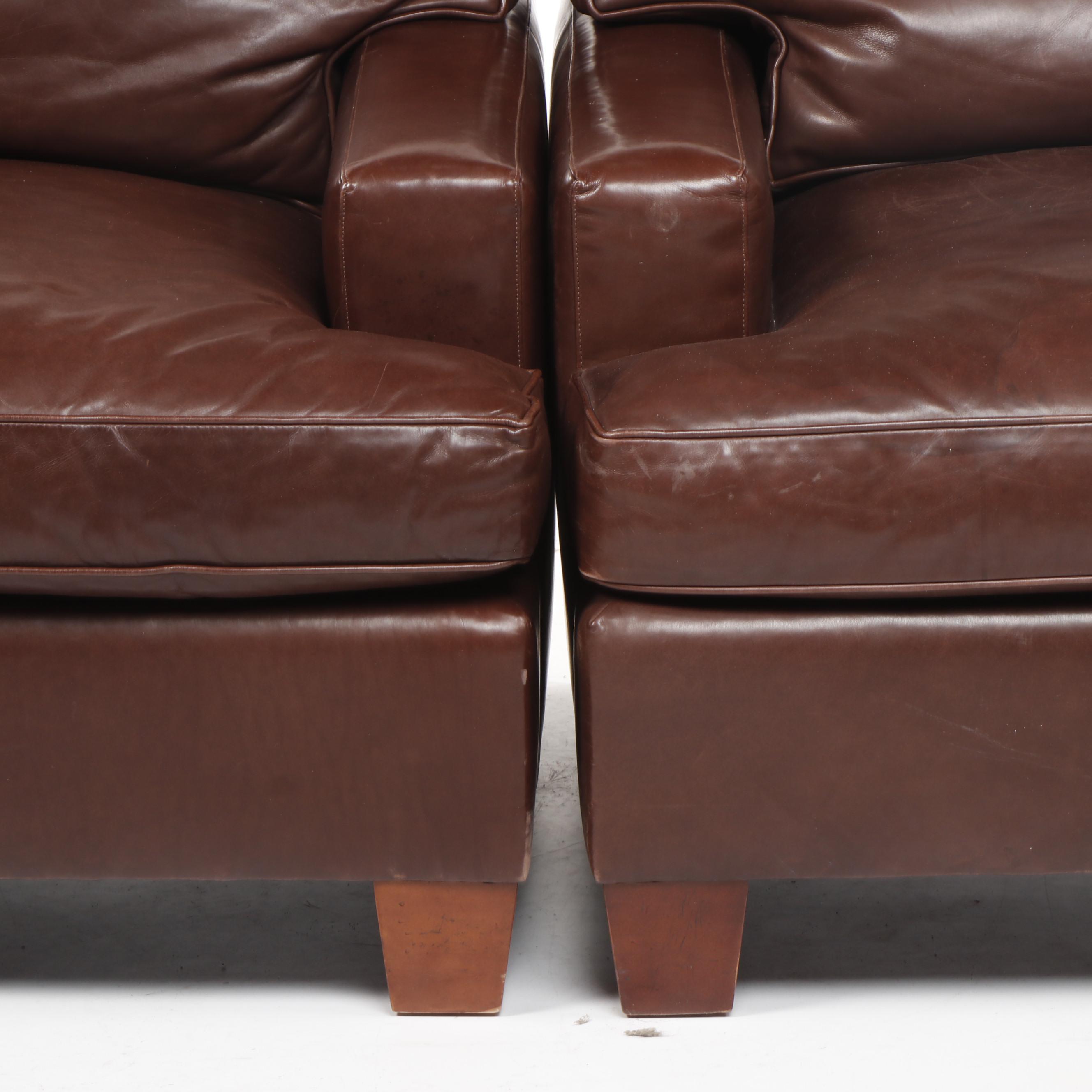 Pair of Baker Contemporary Modern Brown Leather Club Chairs