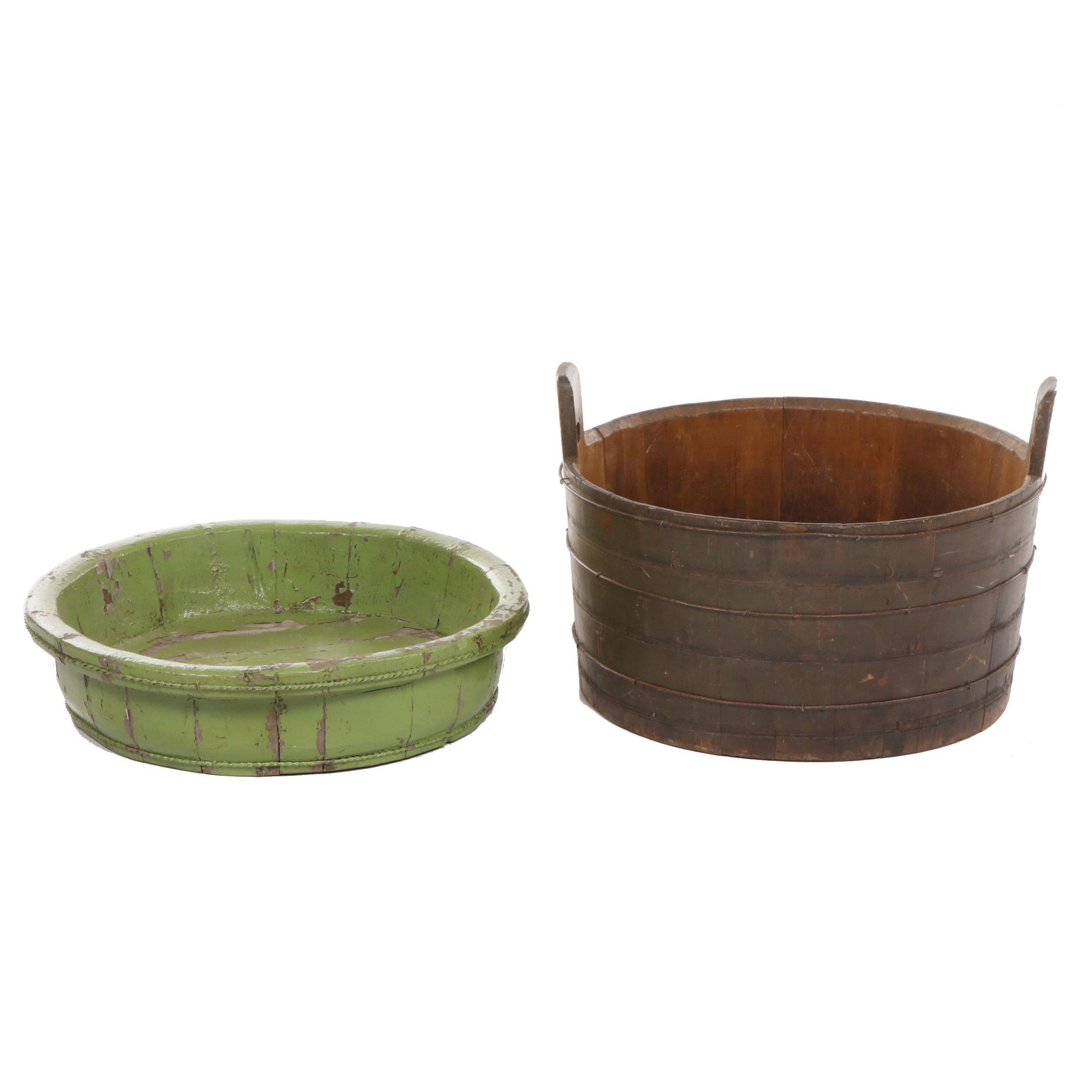 Large Vintage Wooden Buckets, Set of Two