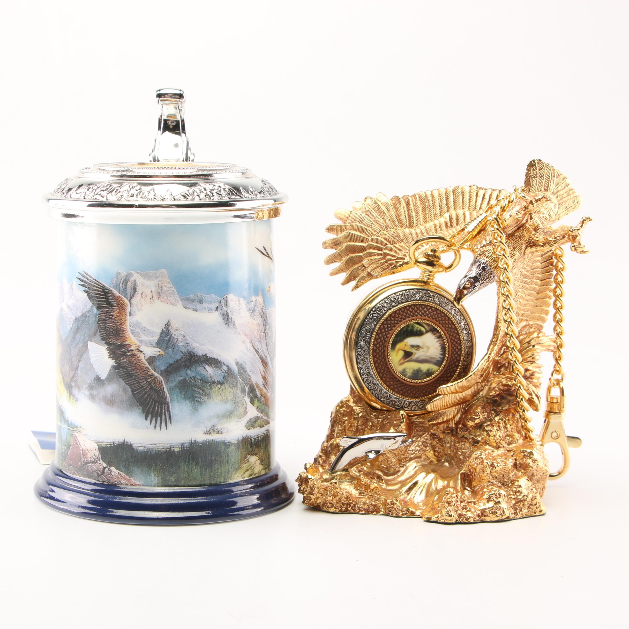 Franklin Mint Bald Eagle Themed Pocket Watch with Display Stand and Other Items