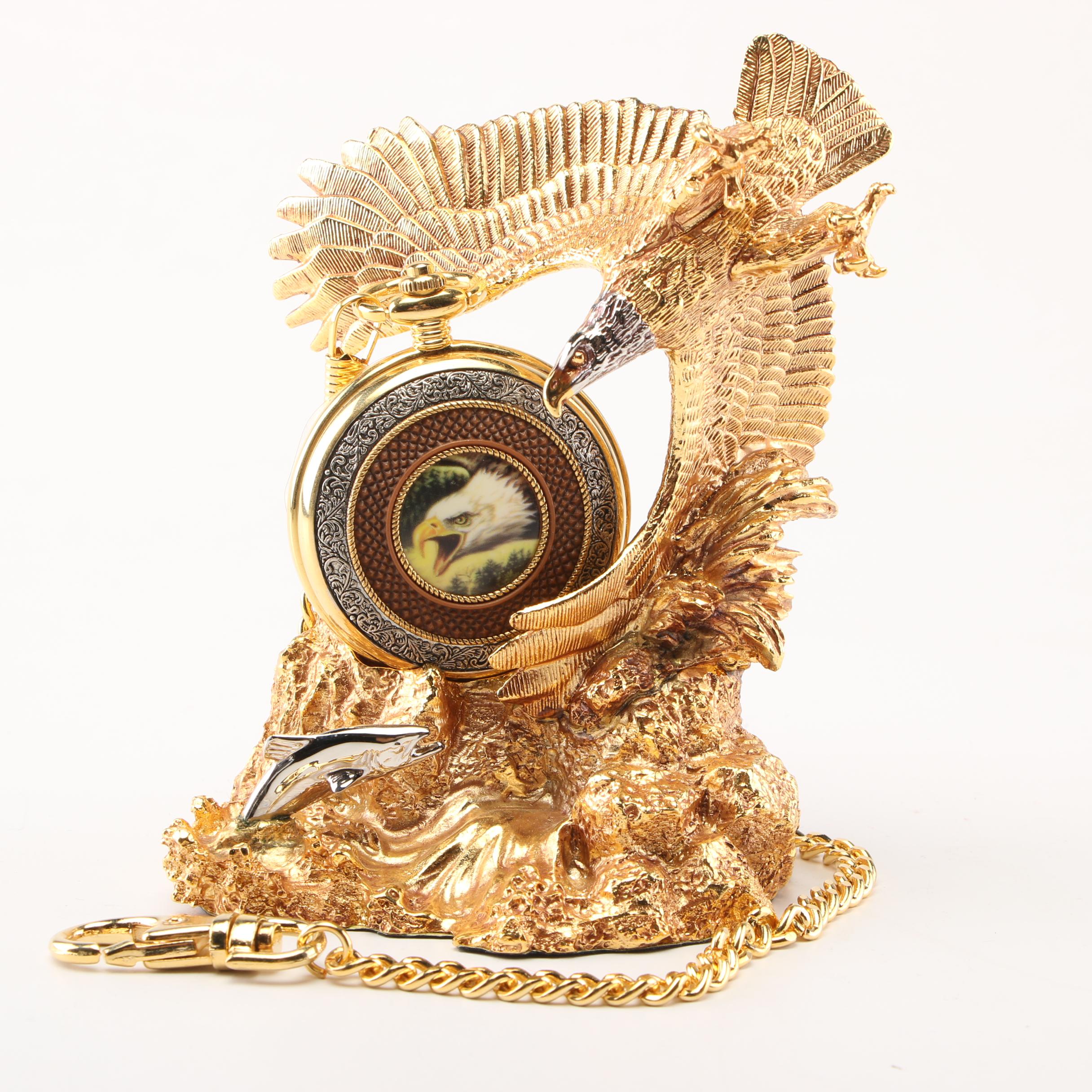Franklin Mint Bald Eagle Themed Pocket Watch with Display Stand and Other Items