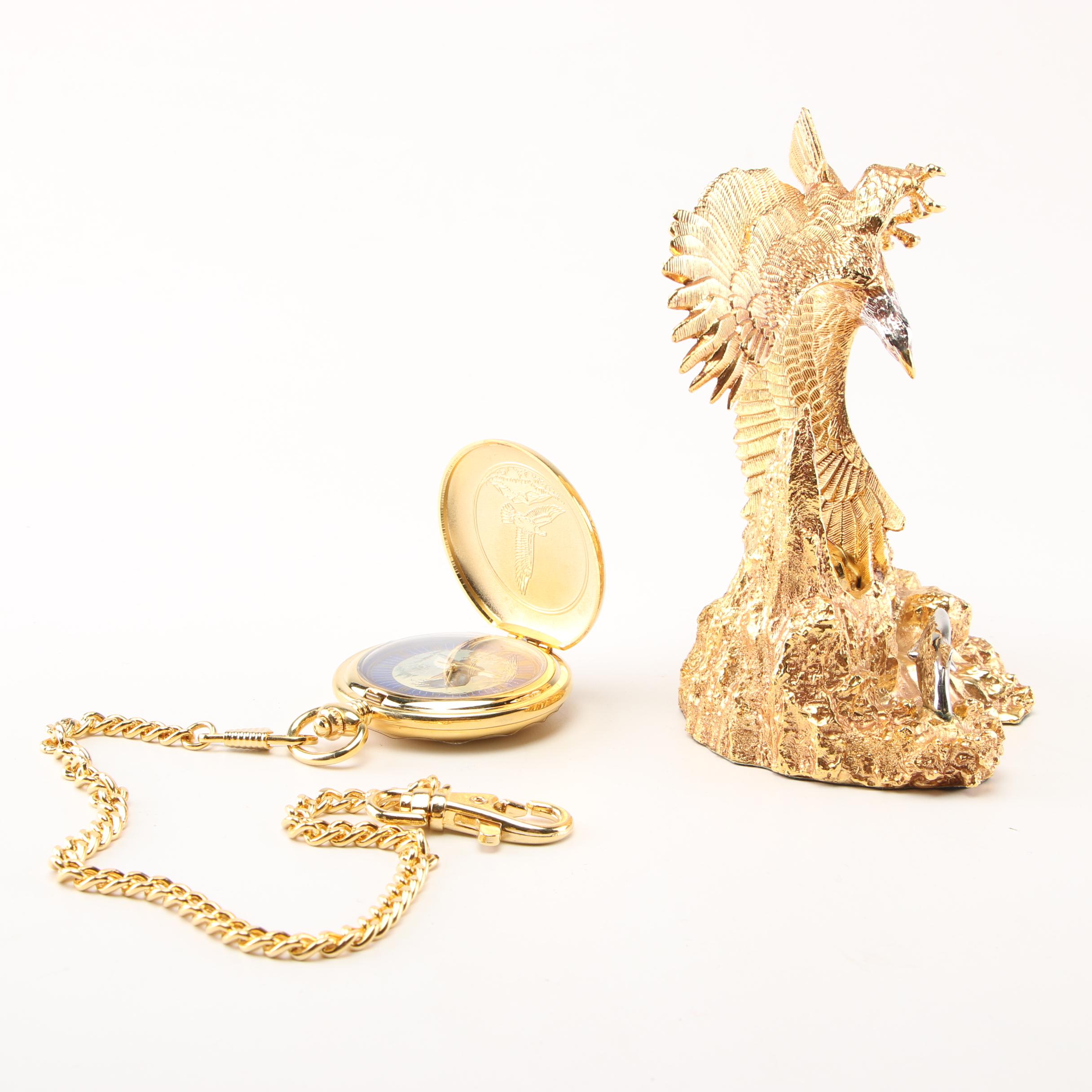 Franklin Mint Bald Eagle Themed Pocket Watch with Display Stand and Other Items