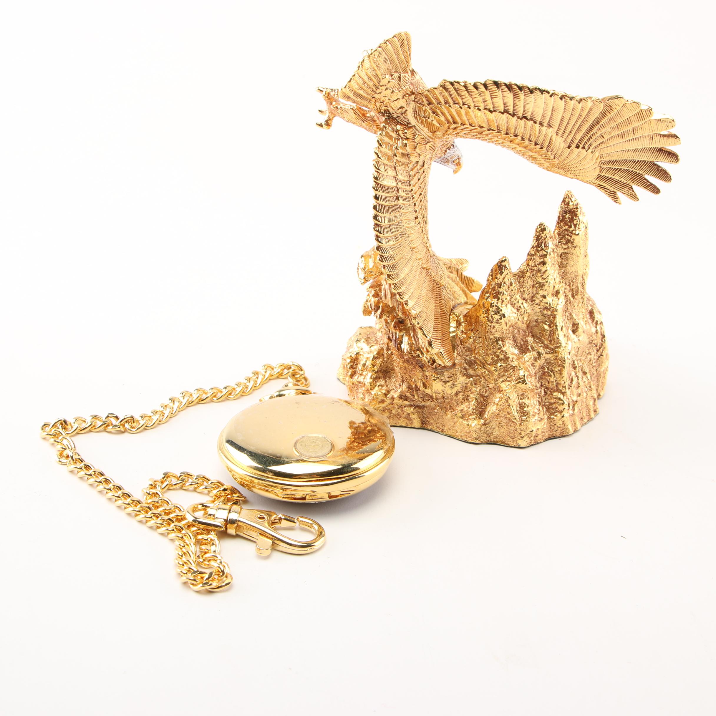 Franklin Mint Bald Eagle Themed Pocket Watch with Display Stand and Other Items