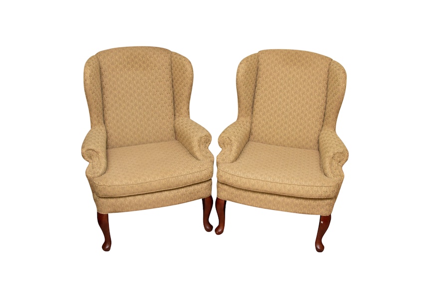 Queen Anne Style Upholstered Wingback Chairs, Circa 1970s