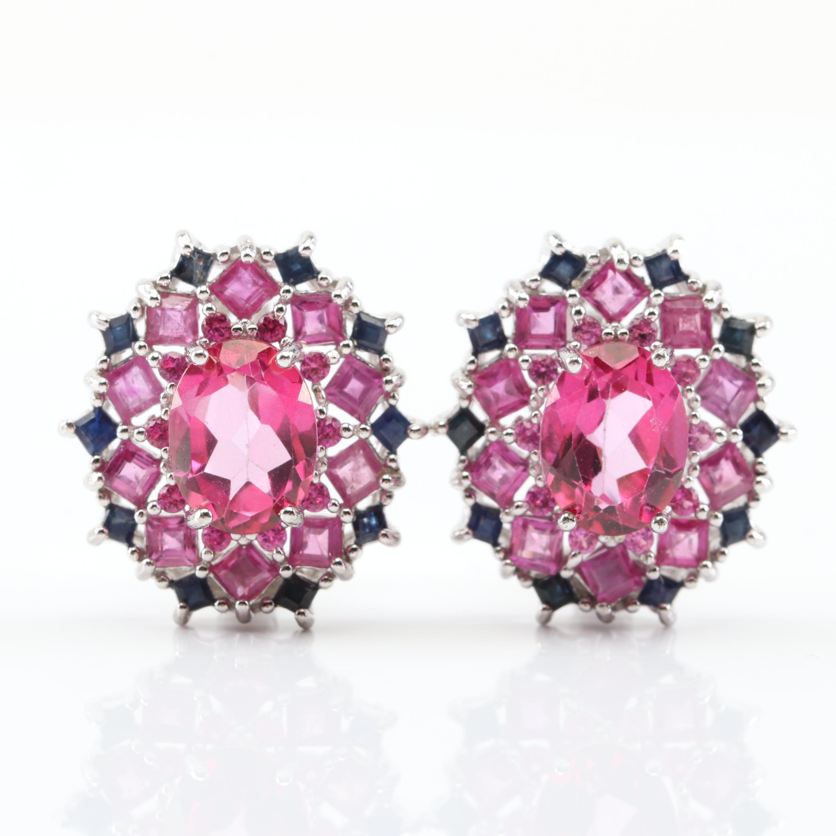 Sterling Silver 4.00 CT Pink Topaz, 1.20 CTW Ruby, Sapphire Earrings