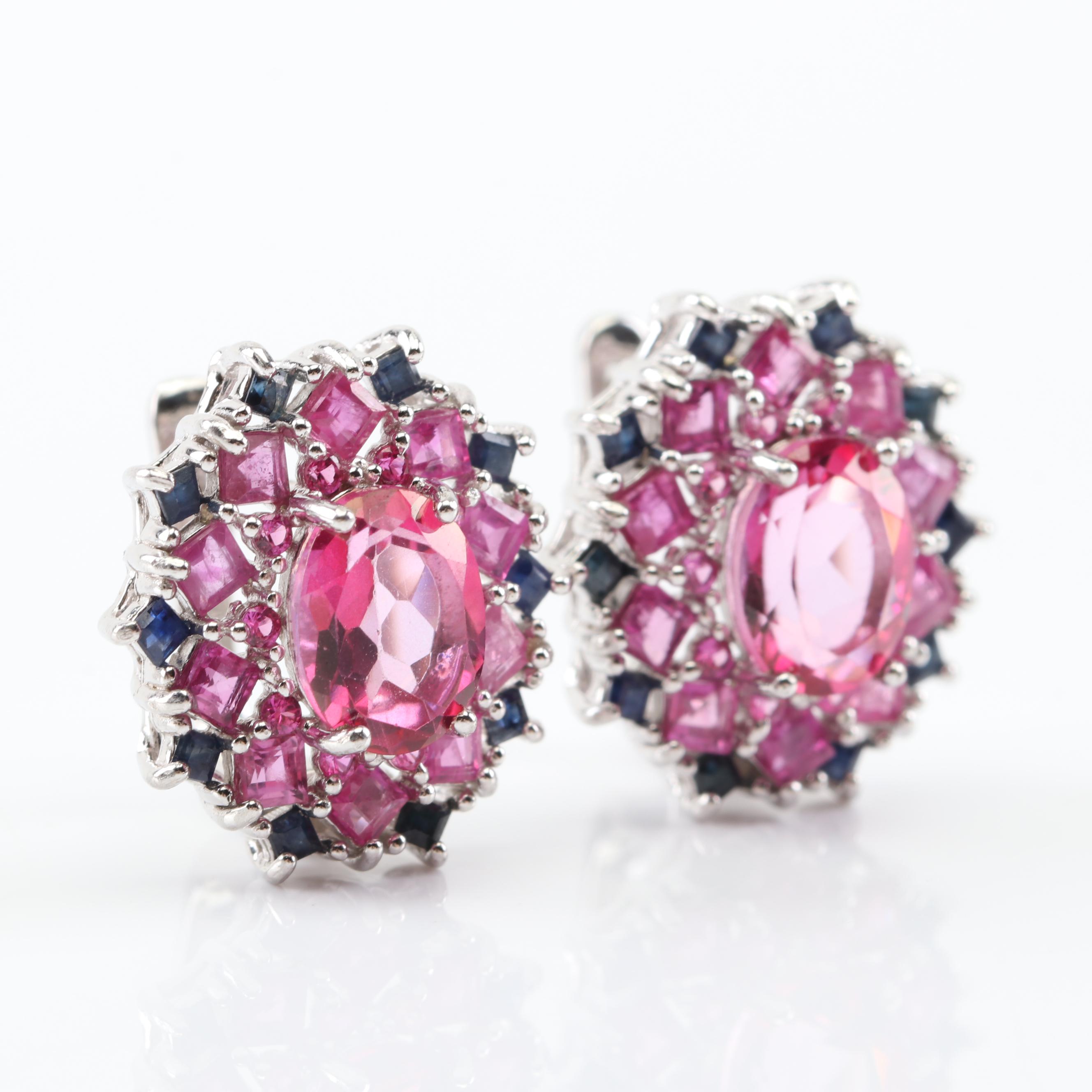 Sterling Silver 4.00 CT Pink Topaz, 1.20 CTW Ruby, Sapphire Earrings