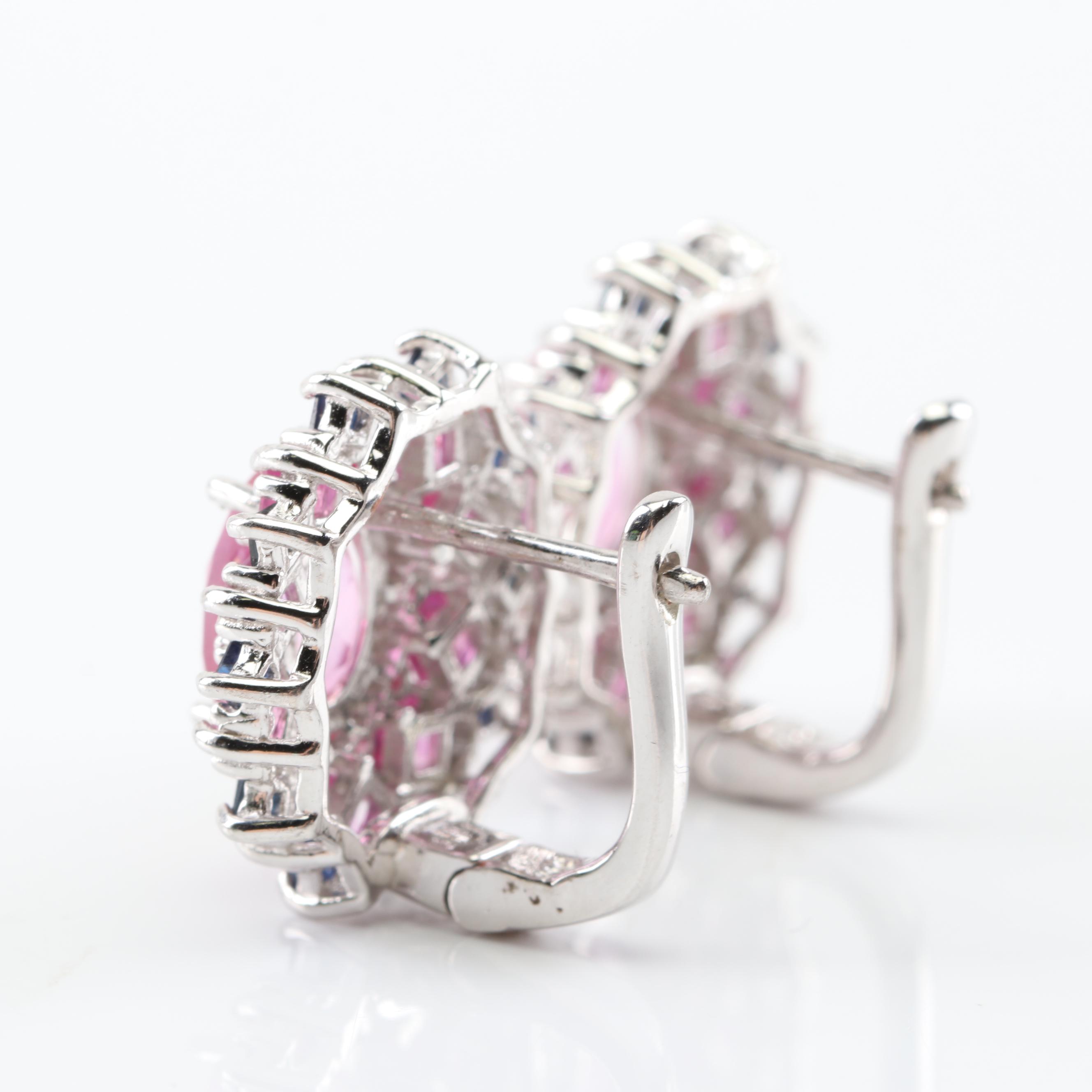 Sterling Silver 4.00 CT Pink Topaz, 1.20 CTW Ruby, Sapphire Earrings