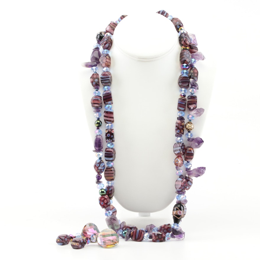 Murano Glass Bead and Amethyst Necklace and Earrings